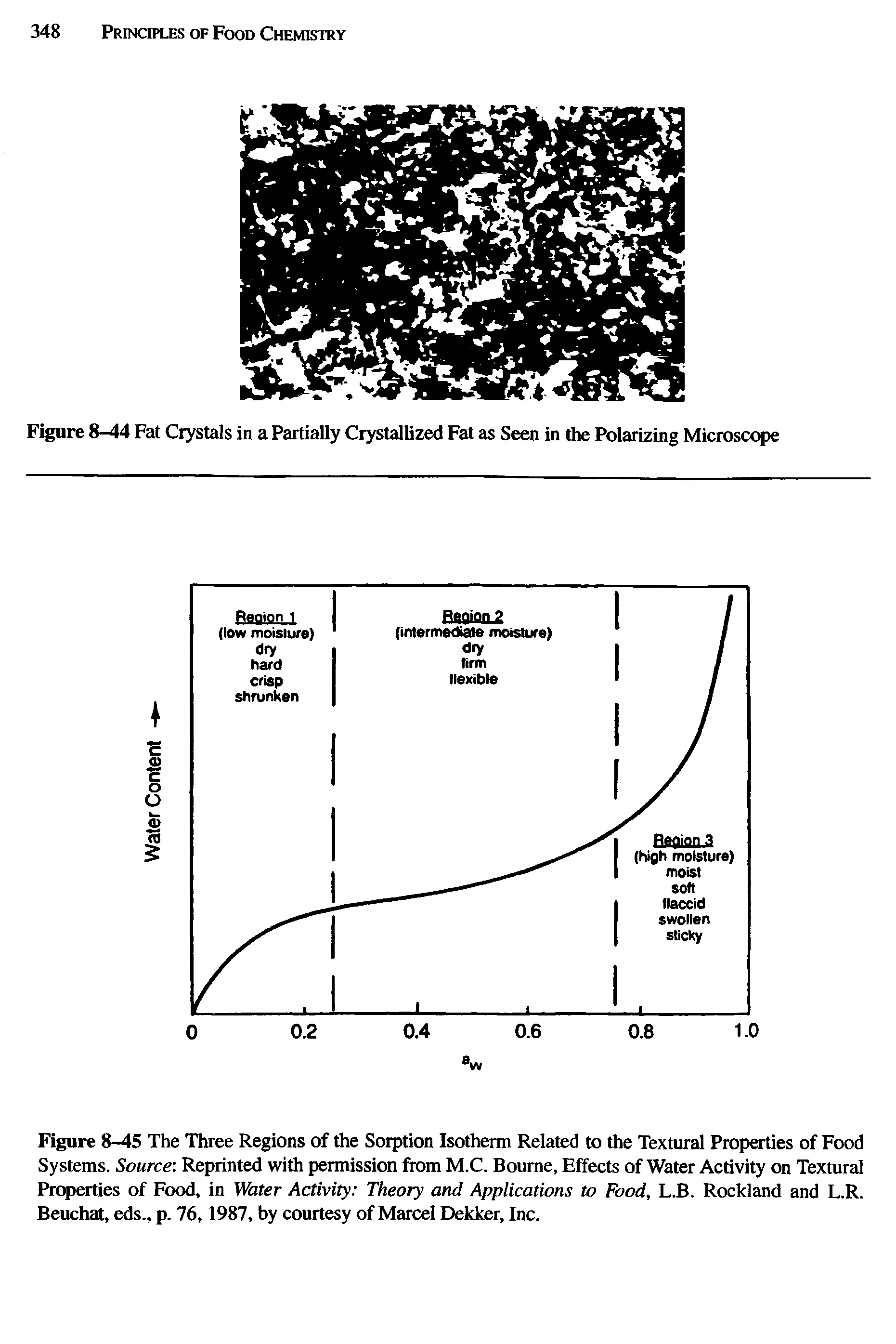 Figure 8-45 The Three Regions of the Sorption Isotherm Related to the Textural Properties of Food Systems. Source Reprinted with permission from M.C. Bourne, Effects of Water Activity on Textural Properties of Food, in Water Activity Theory and Applications to Food, L.B. Rockland and L.R. Beuchat, eds., p. 76,1987, by courtesy of Marcel Dekker, Inc.