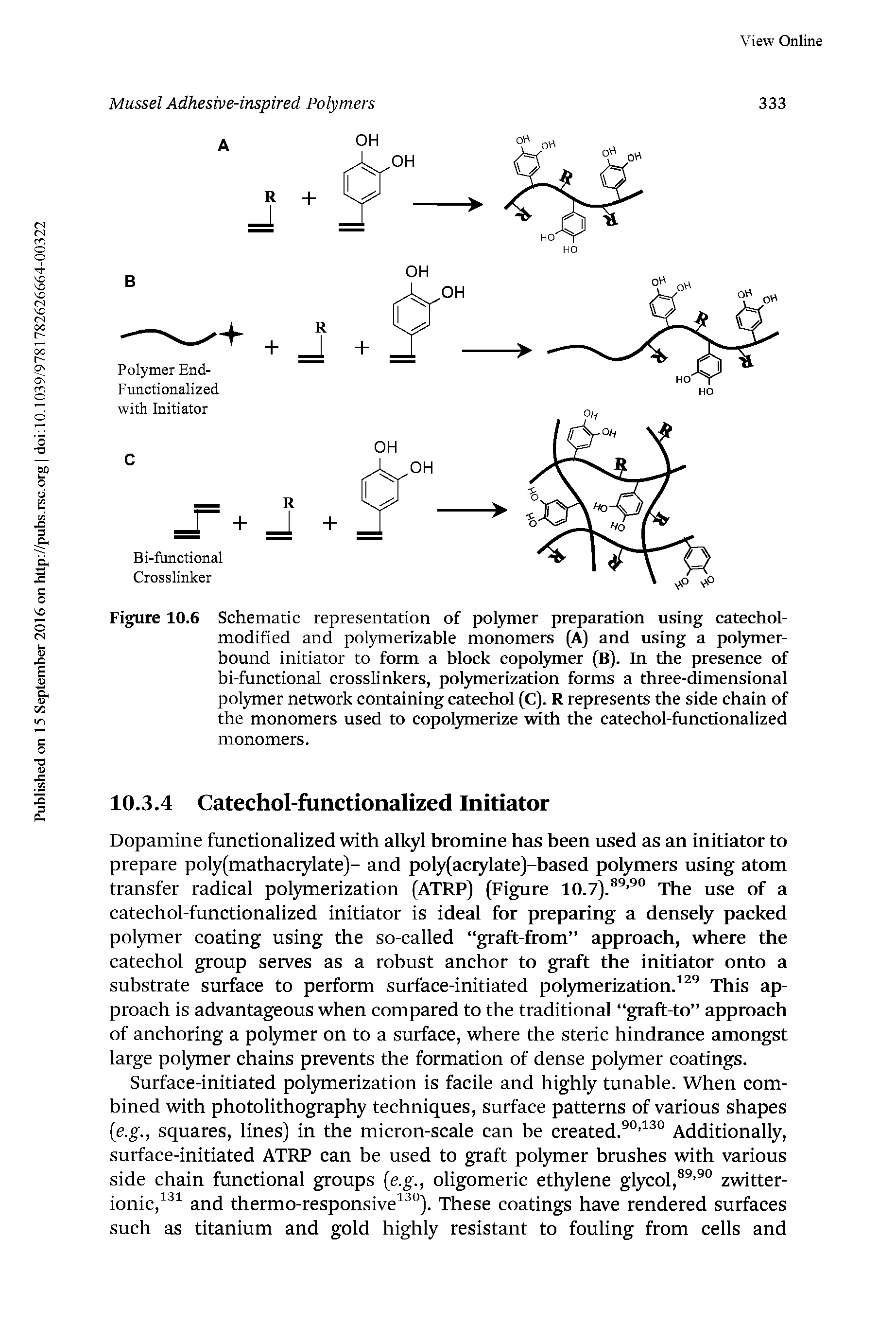 Figure 10.6 Schematic representation of polymer preparation using catechol-modified and polymerizable monomers (A) and using a polymer-bound initiator to form a block copotymer (B). In the presence of bi-functional crosslinkers, potymerization forms a three-dimensional pol3mier network containing catechol (C). R represents the side chain of the monomers used to copotymerize with the catechol-functionalized monomers.
