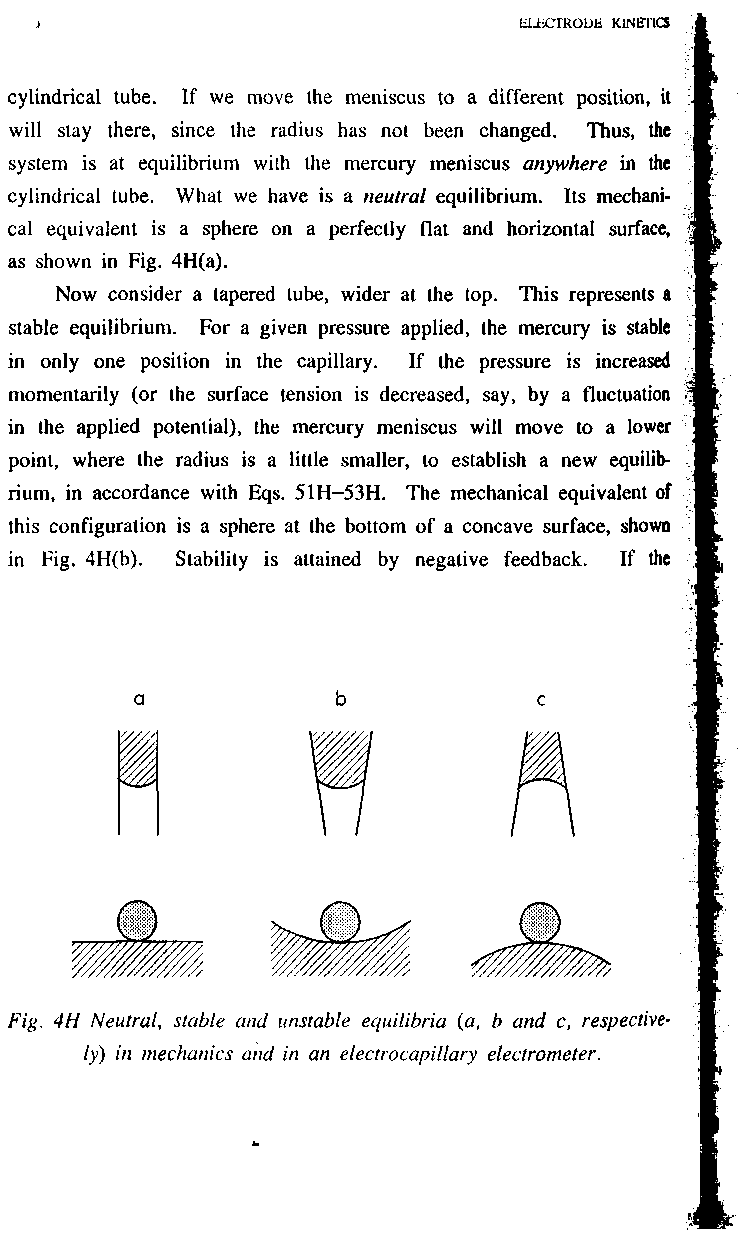 Fig. 4H Neutral, stable and unstable equilibria (a, b and c, respectively) in mechanics and in an electrocapillary electrometer.