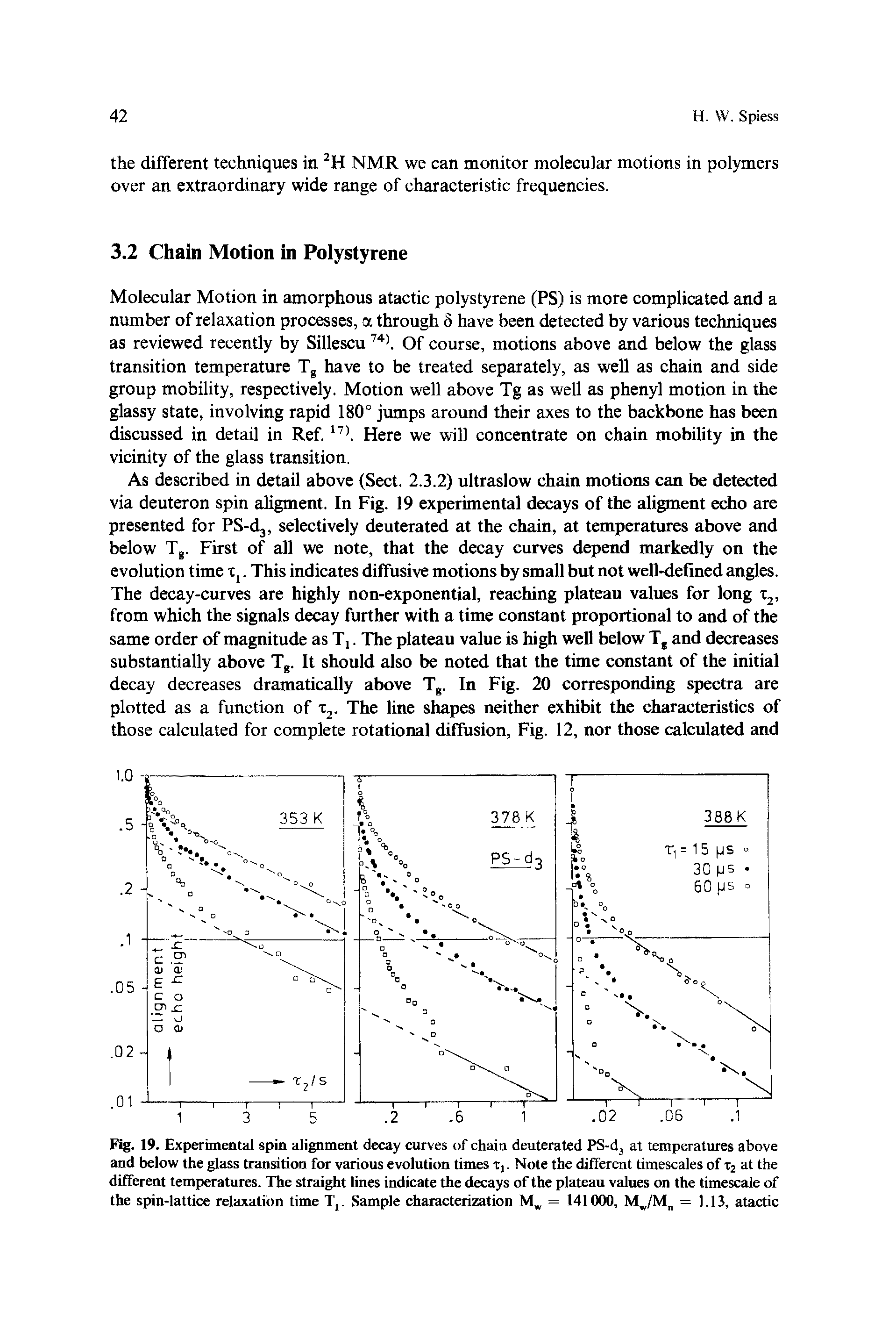 Fig. 19. Experimental spin alignment decay curves of chain deuterated PS-d3 at temperatures above and below the glass transition for various evolution times t,. Note the different timescales of t2 at the different temperatures. The straight lines indicate the decays of the plateau values on the timescale of the spin-lattice relaxation time T,. Sample characterization Mw = 141000, Mw/Mn = 1.13, atactic...