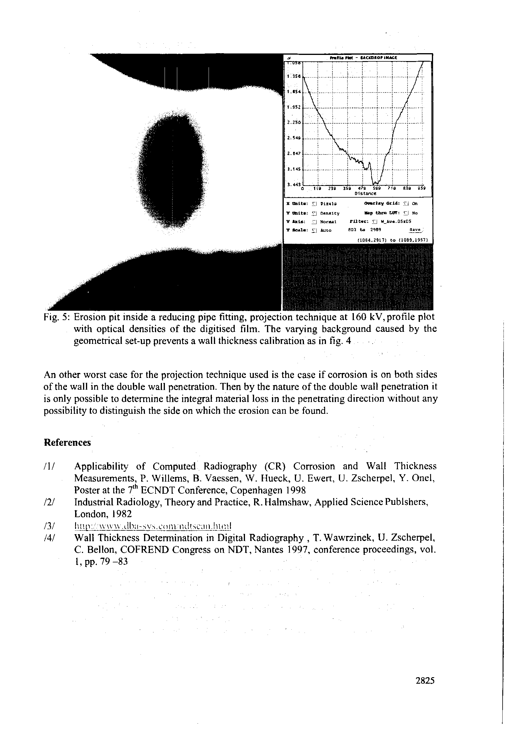 Fig. 5 Erosion pit inside a reducing pipe fitting, projection technique at 160 kV, profile plot with optical densities of the digitised film. The varying background caused by the geometrical set-up prevents a wall thickness calibration as in fig. 4...