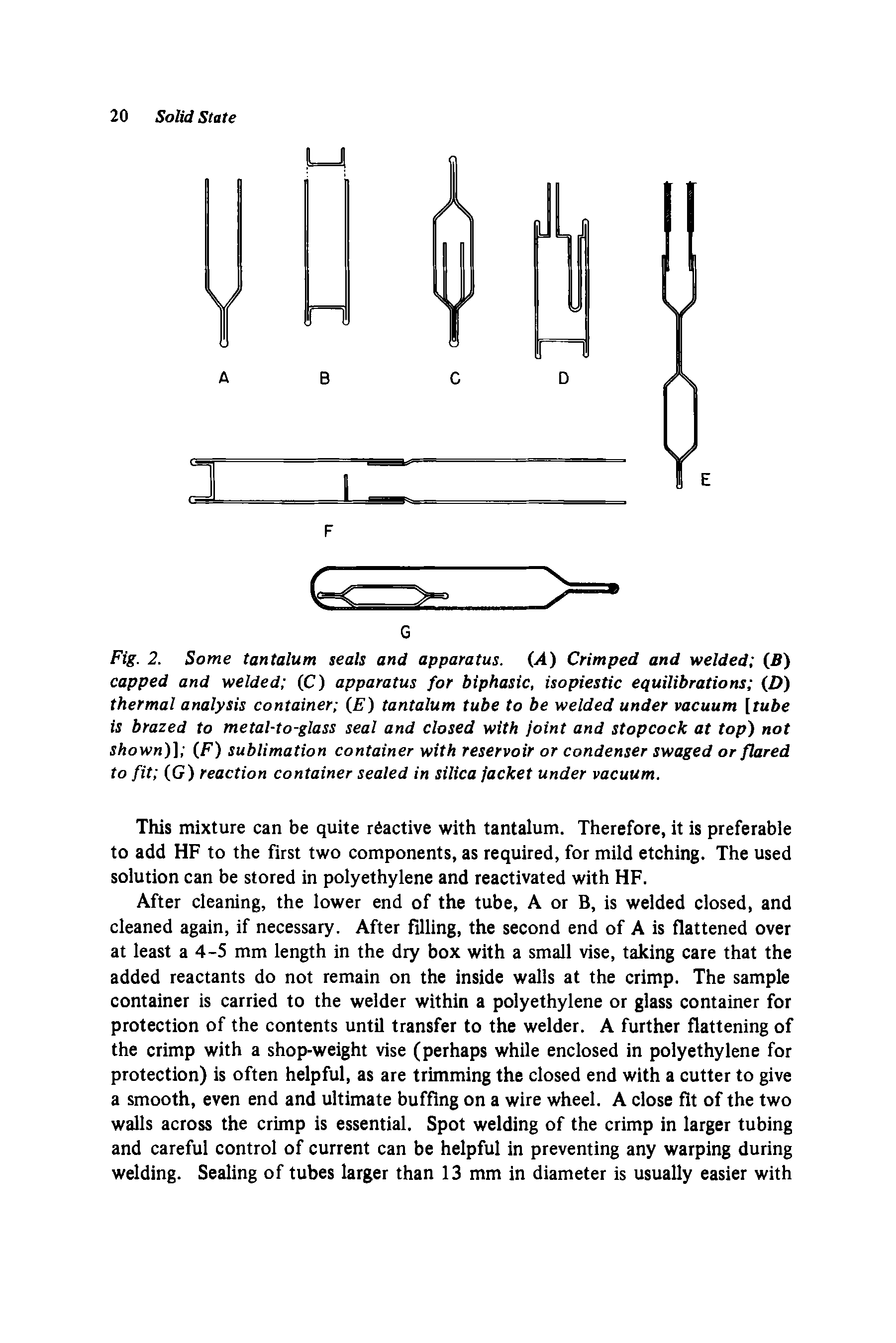 Fig. 2. Some tantalum seals and apparatus. (A) Crimped and welded (B) capped and welded (C) apparatus for biphasic, isopiestic equilibrations (D) thermal analysis container (E) tantalum tube to be welded under vacuum [tube is brazed to metal-to-glass seal and closed with joint and stopcock at top) not shown)] (F) sublimation container with reservoir or condenser swaged or flared to fit (G) reaction container sealed in silica jacket under vacuum.