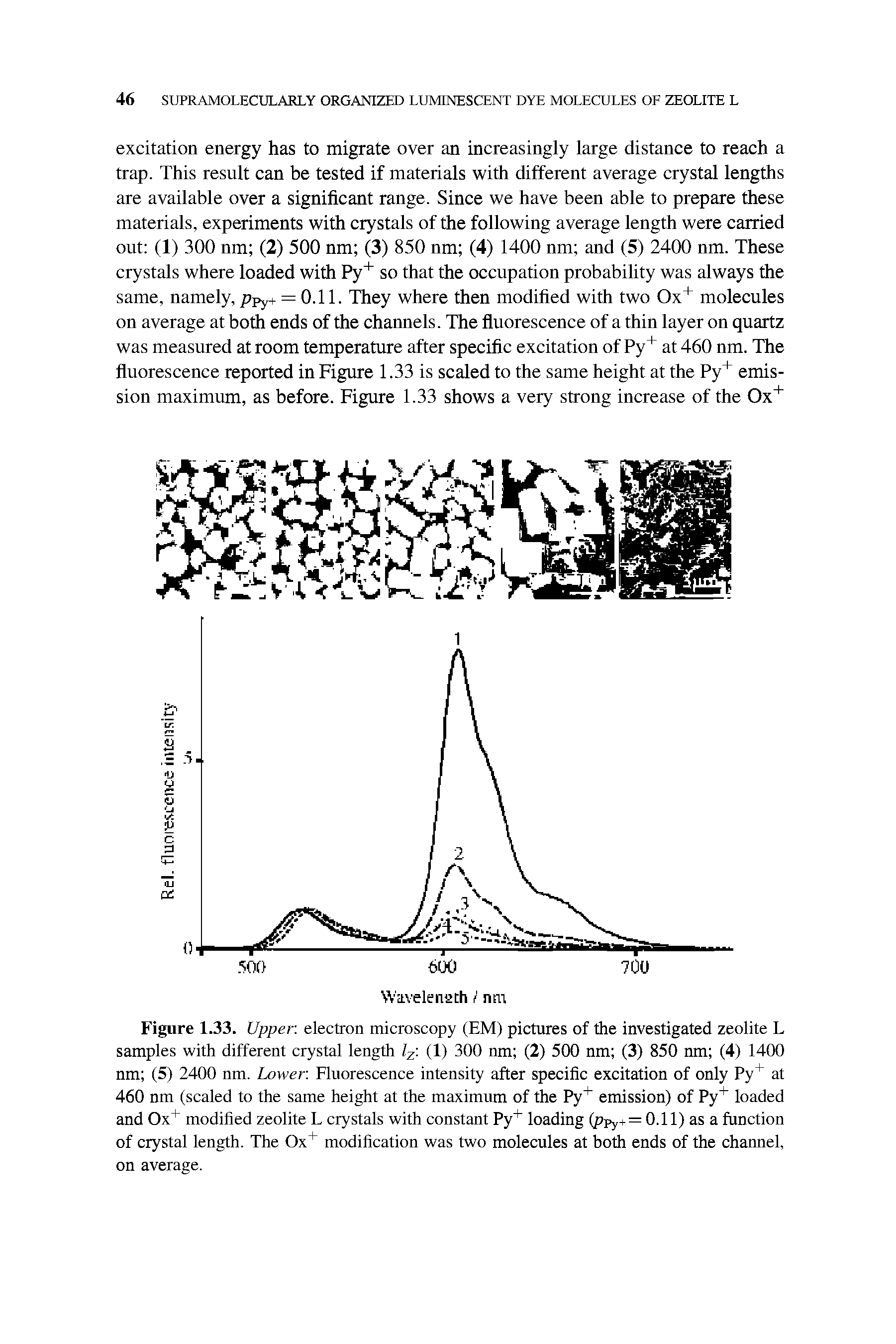 Figure 1.33. Upper electron microscopy (EM) pictures of the investigated zeolite L samples with different crystal length lz (1) 300 nm (2) 500 nm (3) 850 nm (4) 1400 nm (5) 2400 nm. Lower Fluorescence intensity after specific excitation of only Py+ at 460 nm (scaled to the same height at the maximum of the Py+ emission) of Py+ loaded and Ox+ modified zeolite L crystals with constant Py+ loading (ppy+ = 0.11) as a function of crystal length. The Ox+ modification was two molecules at both ends of the channel, on average.