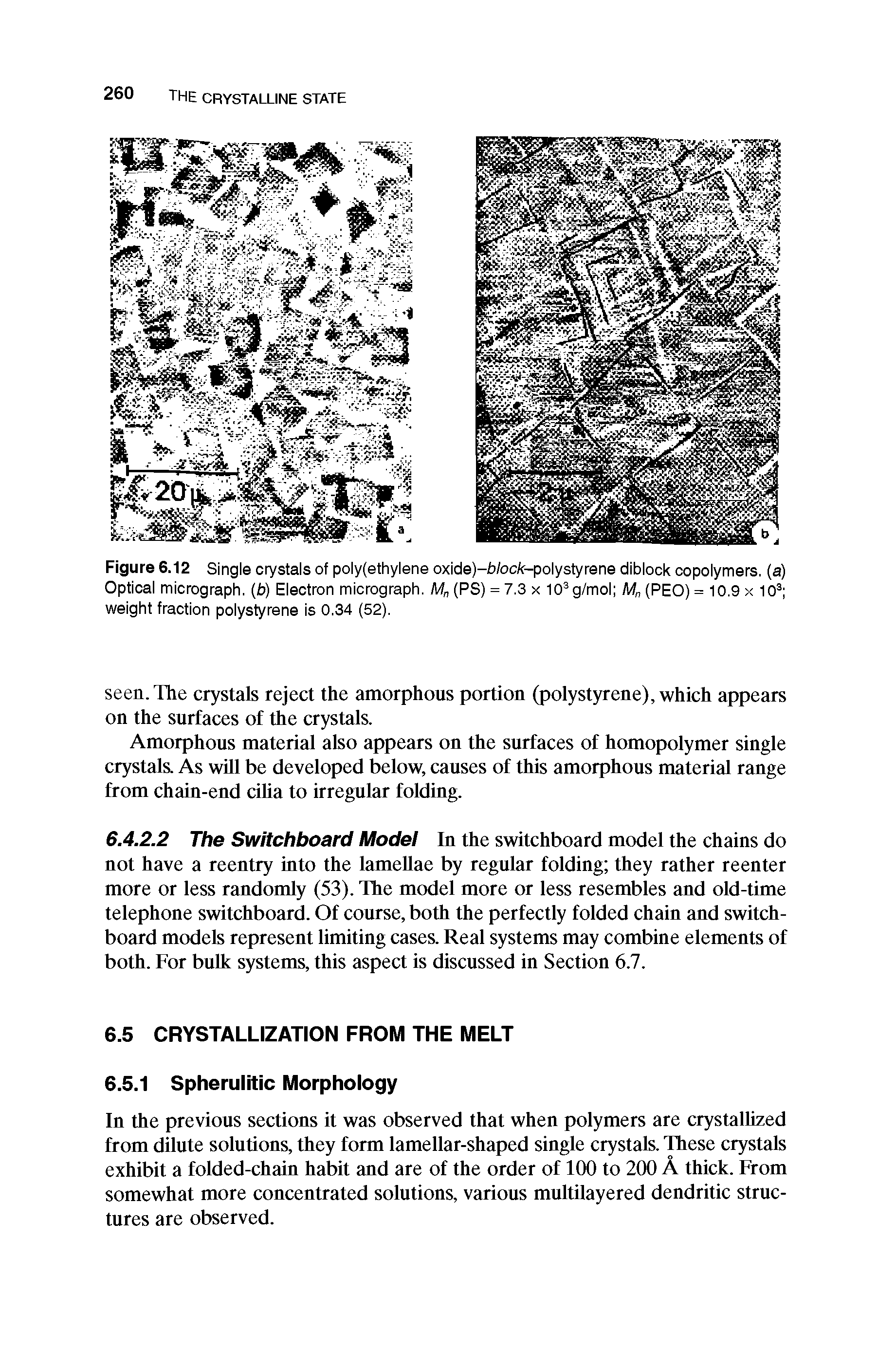 Figure 6.12 Single crystals of poly(ethylene oxide)-Woc/c-polystyrene diblock copolymers, (a) Optical micrograph, (b) Electron micrograph. M (PS) = 7.3 x lO g/mol M (PEO) = 10.9 x 10 weight fraction polystyrene is 0.34 (52).