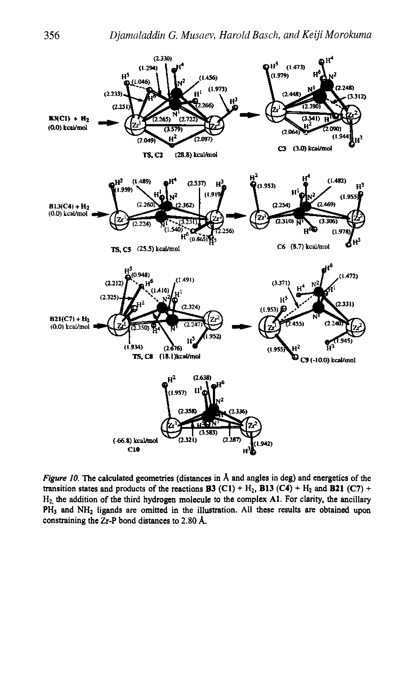 Figure 10. The calculated geometries (distances in A and angles in deg) and energetics of the transition states and products of the reactions B3 (Cl) + H2, B13 (C4) + H2 and B21 (C7) + H2i the addition of the third hydrogen molecule to the complex Al. For clarity, the ancillary PH3 and NH2 ligands are omitted in the illustration. All these results are obtained upon constraining the Zr-P bond distances to 2.80 A.