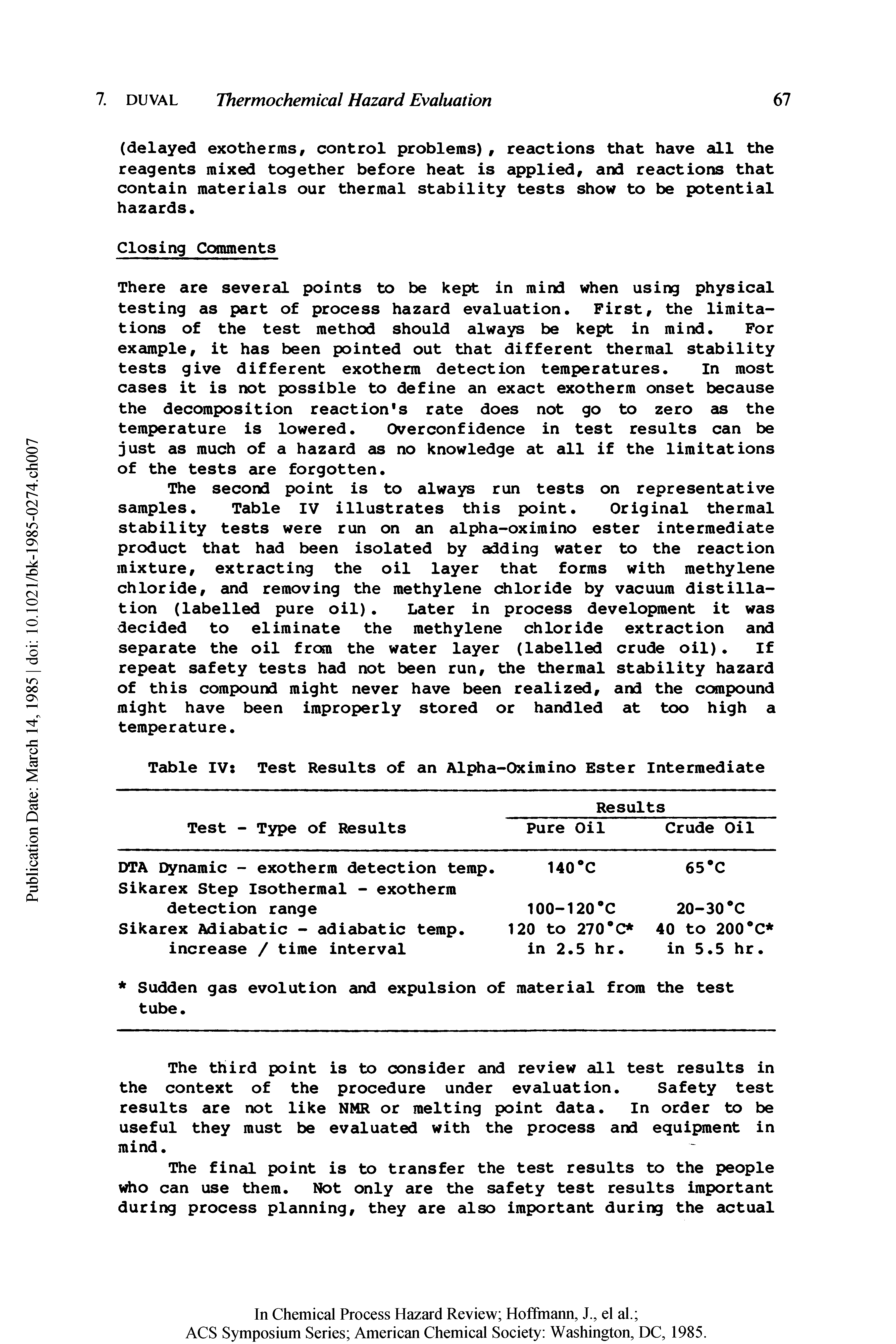 Table IV Test Results of an Alpha-Oximino Ester Intermediate...