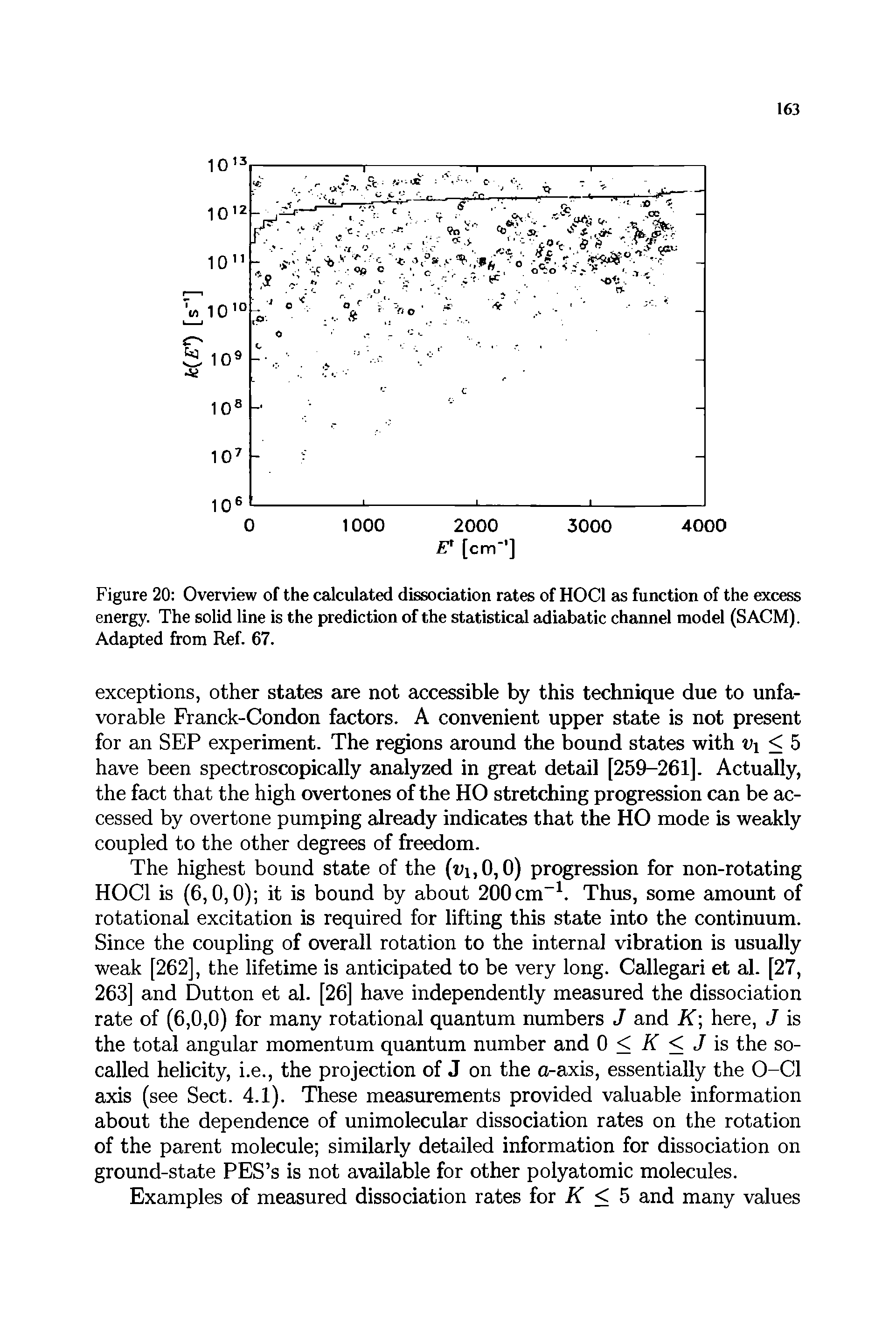 Figure 20 Overview of the calculated dissociation rates of HOCl as function of the excess energy. The solid line is the prediction of the statistical adiabatic channel model (SACM). Adapted from Ref. 67.
