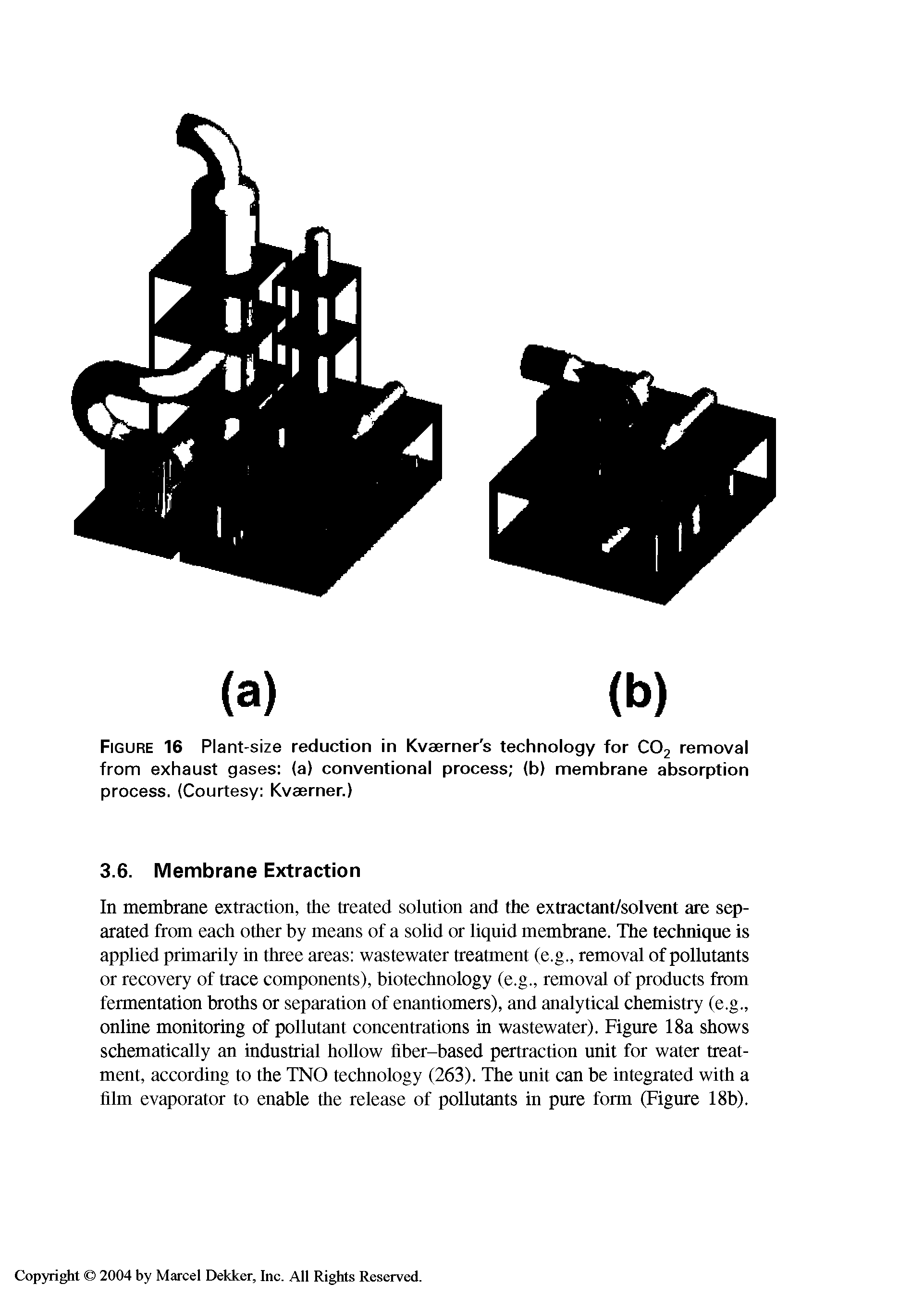 Figure 16 Plant-size reduction in Kvaerner s technology for C02 removal from exhaust gases (a) conventional process (b) membrane absorption process. (Courtesy Kvaerner.)...