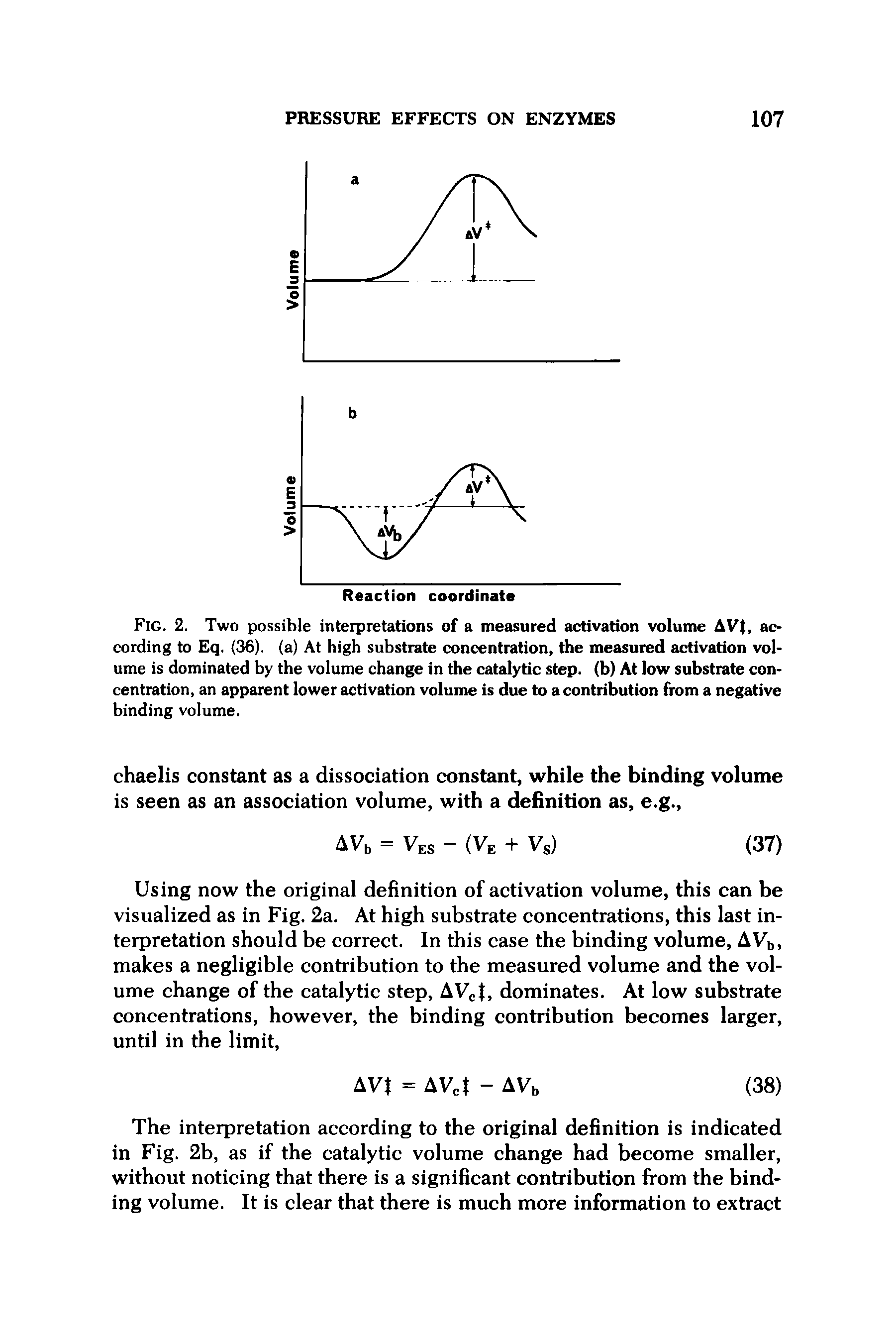 Fig. 2. Two possible interpretations of a measured activation volume AVI, according to Eq. (36). (a) At high substrate concentration, the measured activation volume is dominated by the volume change in the catalytic step, (b) At low substrate concentration, an apparent lower activation volume is due to a contribution from a negative binding volume.