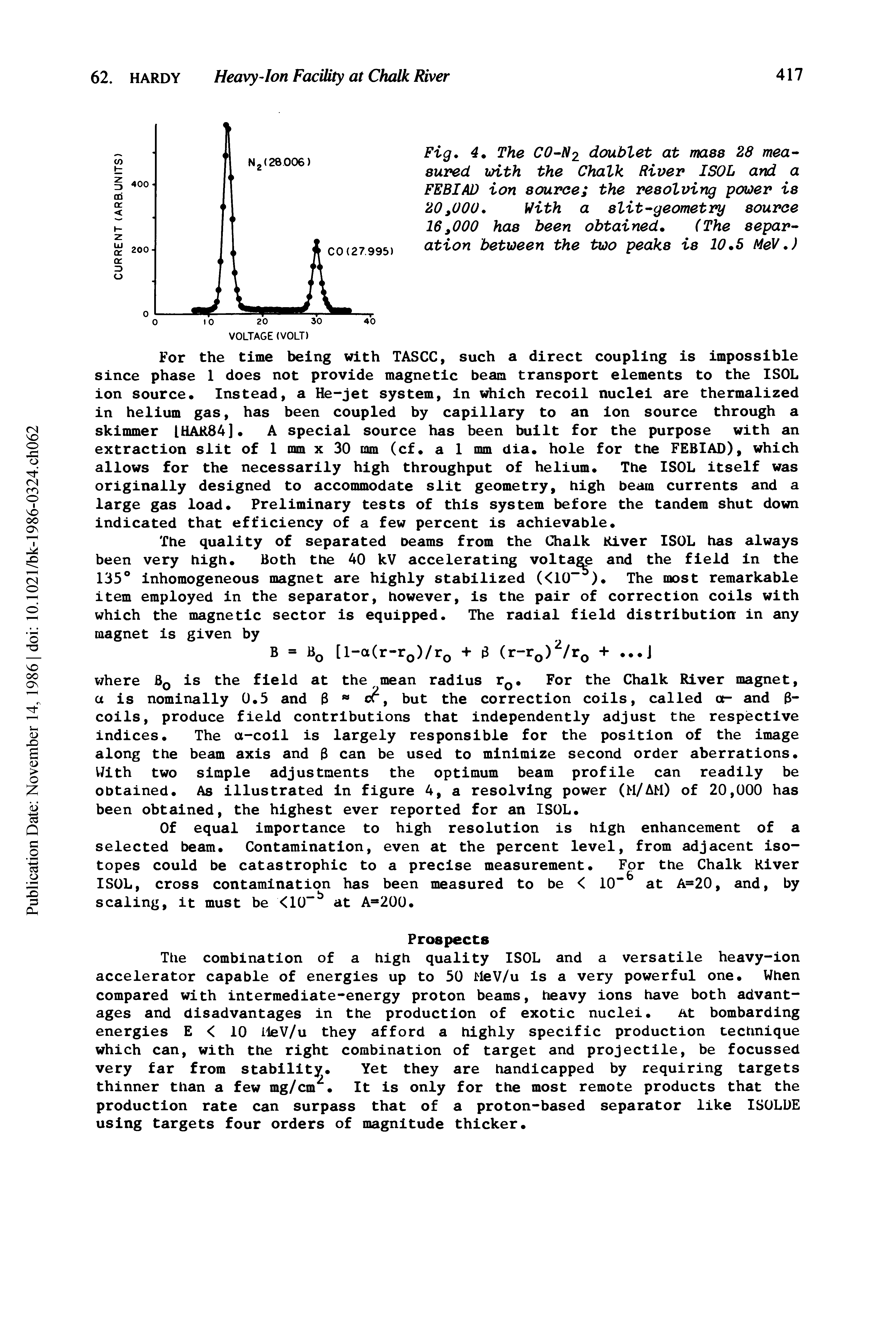 Fig. 4. The CO-N2 doublet at mass 28 measured with the Chalk River ISOL and a FEBIAD ion source the resolving power is 20,000. With a slit-geometry source 16,000 has been obtained. (The separation between the two peaks is 10.5 MeV.)...