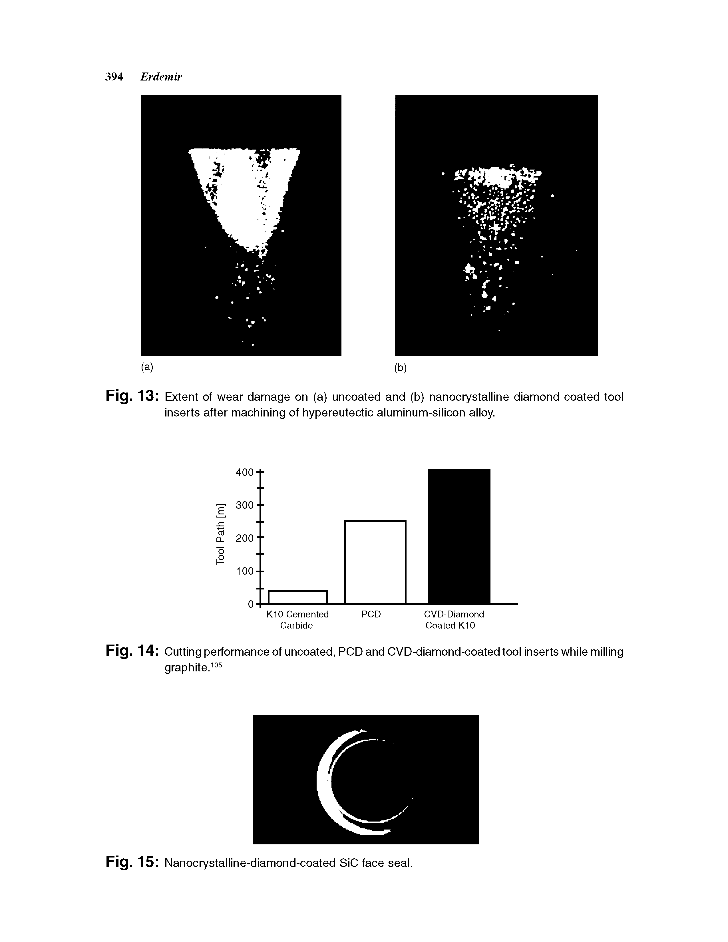 Fig. 13 Extent of wear damage on (a) uncoated and (b) nanocrystalline diamond coated tool inserts after machining of hypereutectic aluminum-silicon alloy.