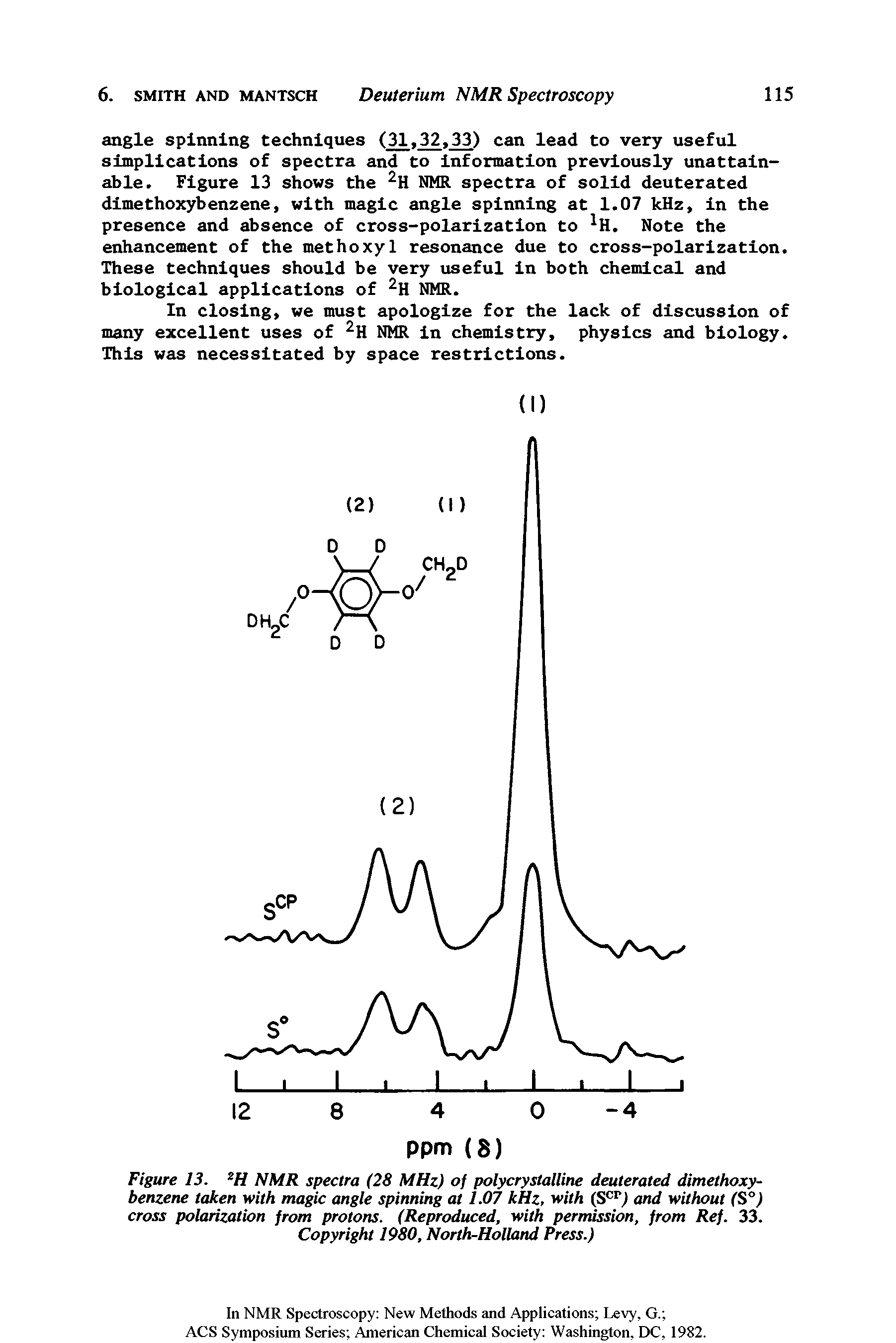 Figure 13. NMR spectra (28 MHz) of polycrystalline deuterated dimethoxy-benzene taken with magic angle spinning at 1.07 kHz, with (S ) and without (S°) cross polarization from protons. (Reproduced, with permission, from Ref. 33. Copyright 1980, North Holland Press.)...