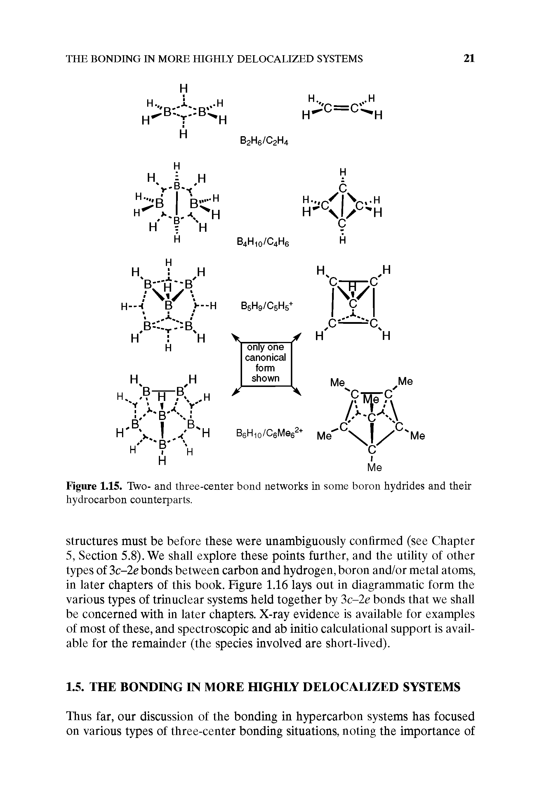 Figure 1.15. Two- and three-center bond networks in some boron hydrides and their hydrocarbon counterparts.