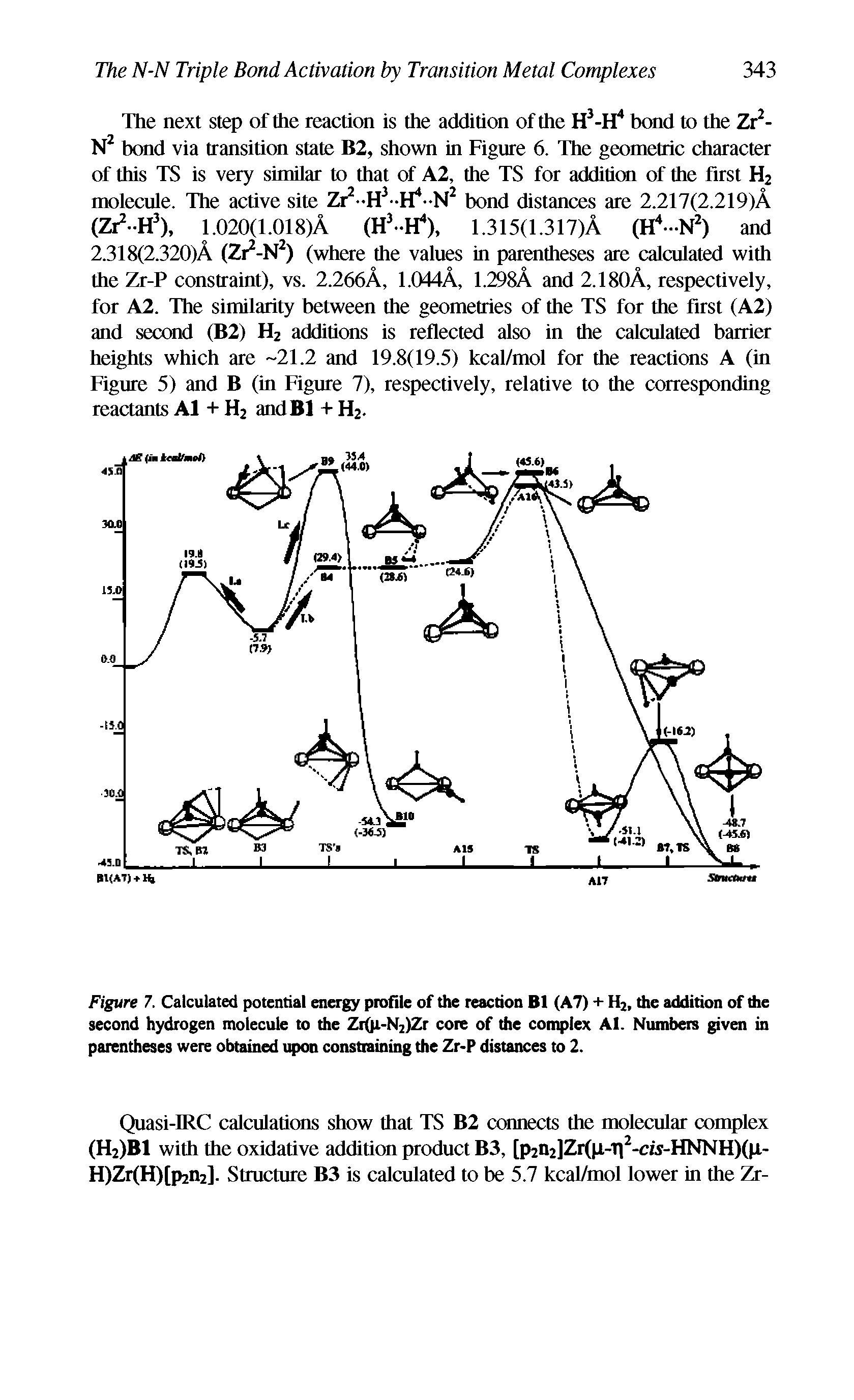Figure 7. Calculated potential energy profile of the reaction B1 (A7) + H2, the addition of the second hydrogen molecule to the Zr(ji-N2)Zr core of the complex Al. Numbers given in parentheses were obtained upon constraining the Zr-P distances to 2.