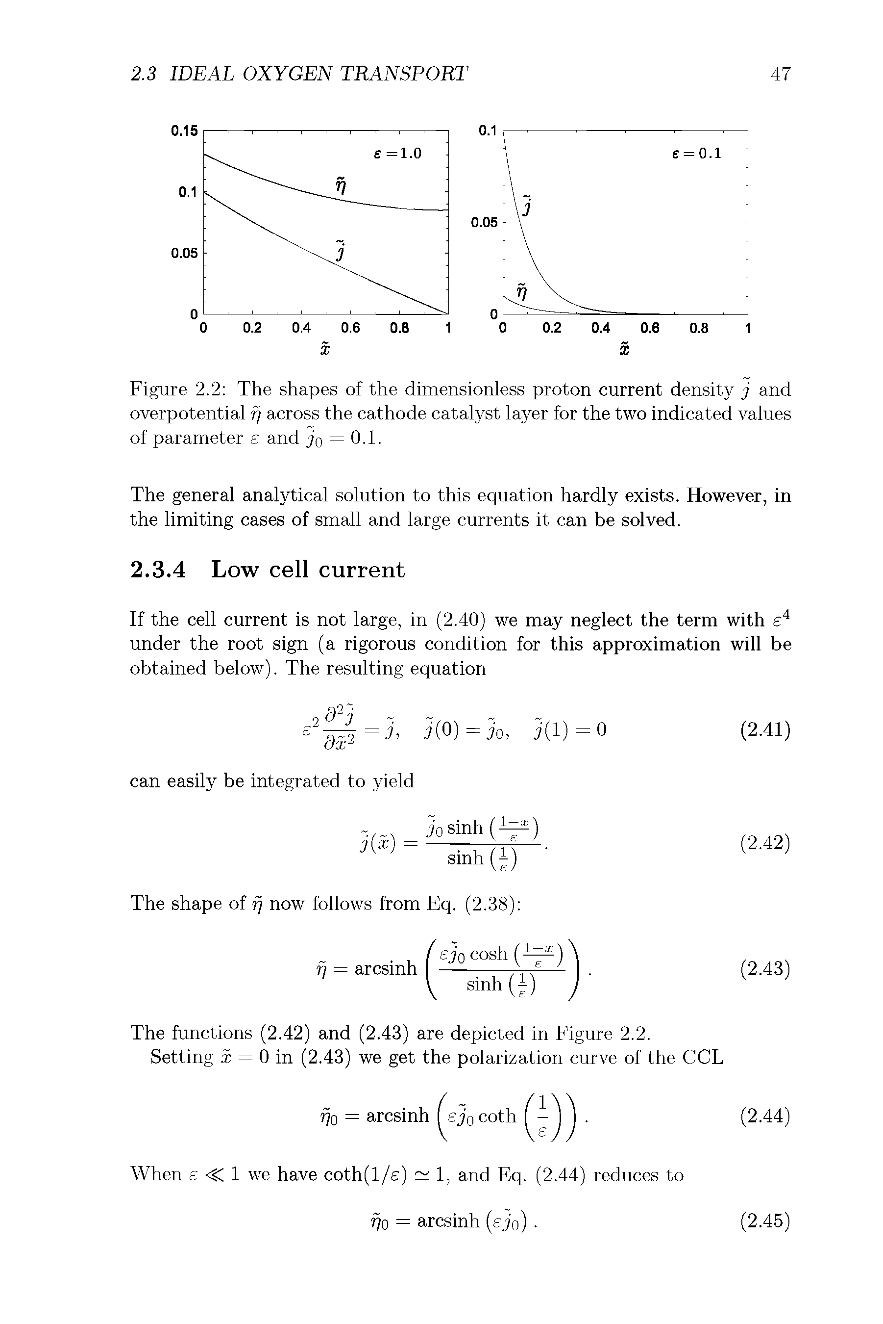 Figure 2.2 The shapes of the dimensionless proton current density j and overpotential f across the cathode catalyst layer for the two indicated values of parameter e and jo = 0.1.