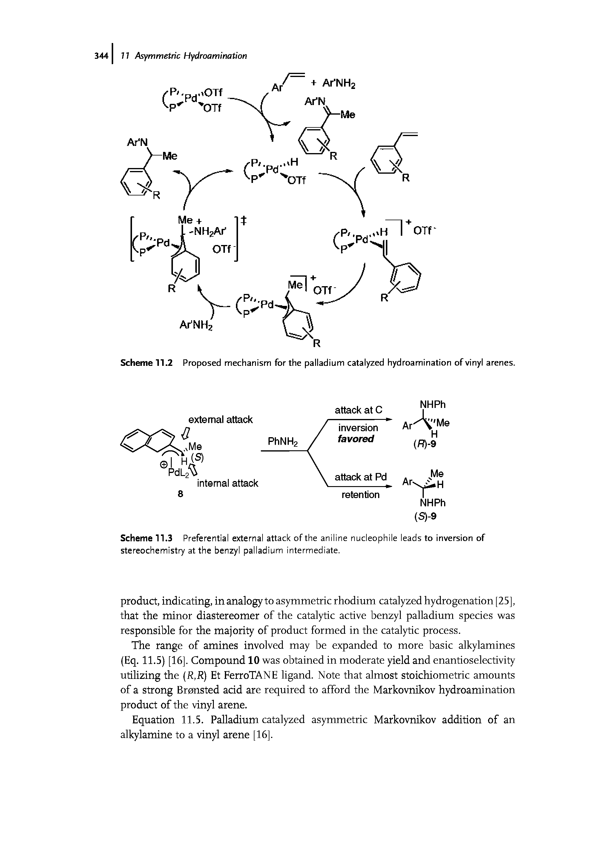 Scheme 11.3 Preferential external attack of the aniline nucleophile leads to inversion of stereochemistry at the benzyl palladium intermediate.