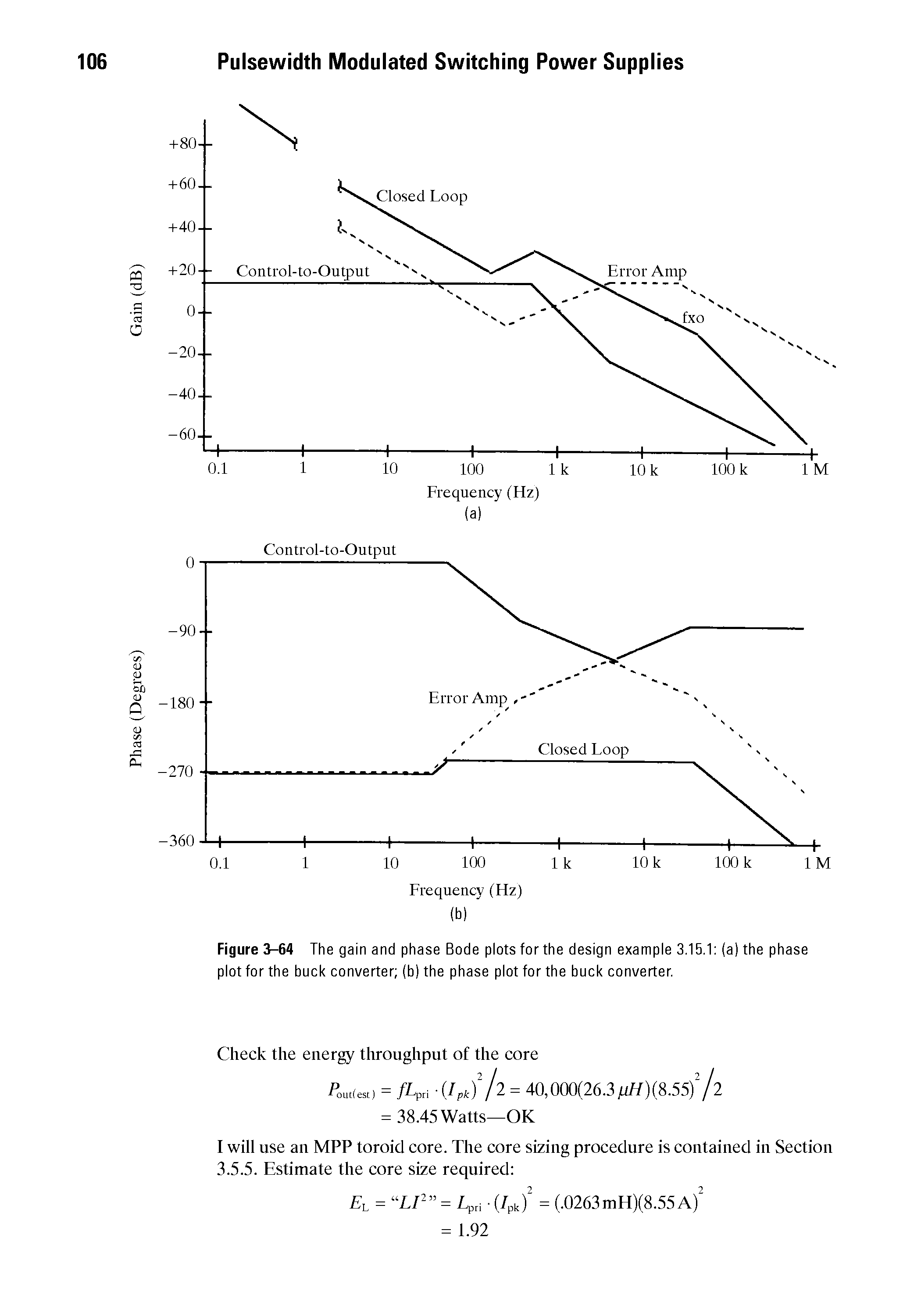 Figure 3-64 The gain and phase Bode plots for the design example 3.15.1 (a) the phase plot for the buck converter (b) the phase plot for the buck converter.