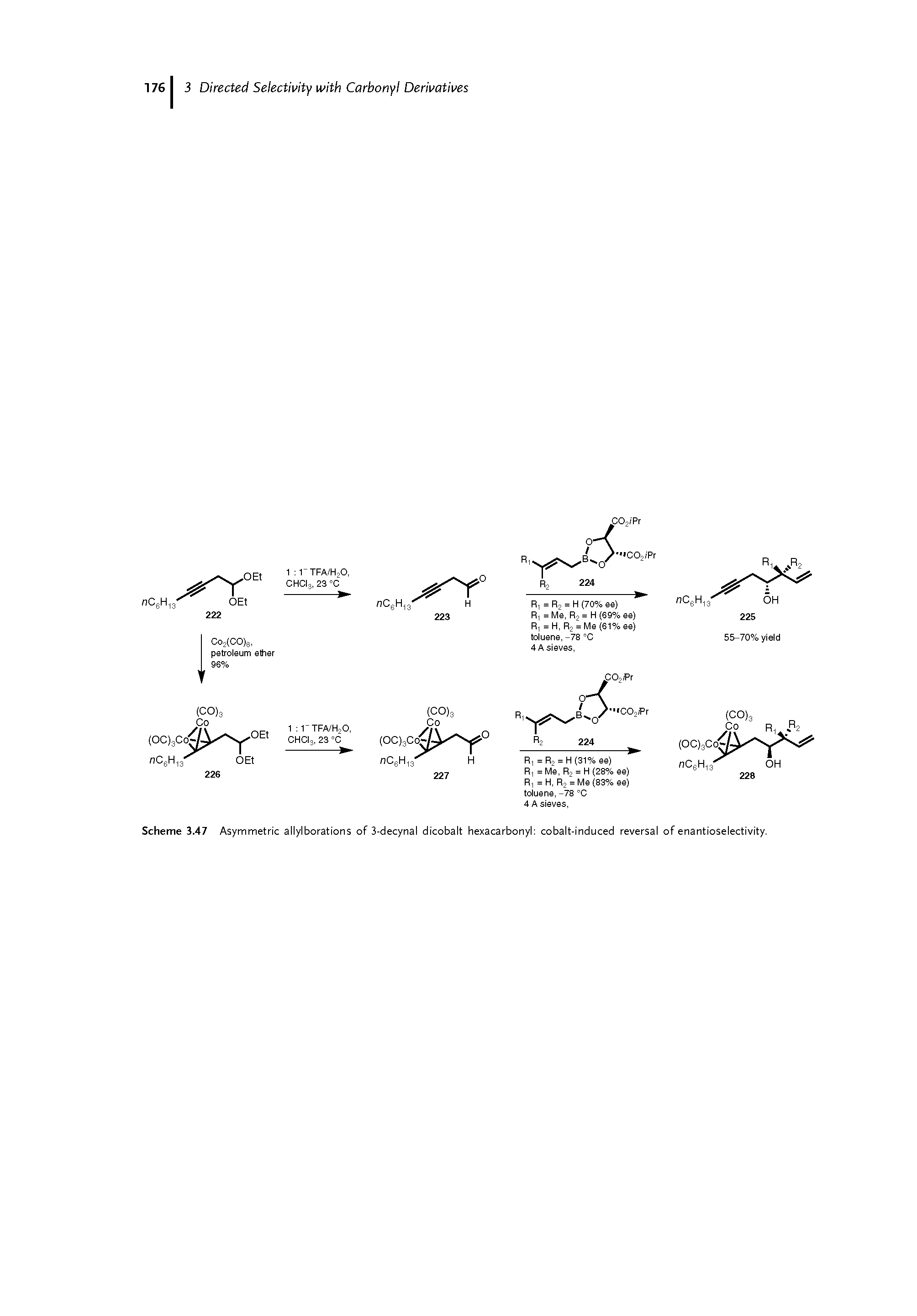 Scheme 3.47 Asymmetric allylborations of 3-decynal dicobalt hexacarbonyl cobalt-induced reversal of enantioselectivity.