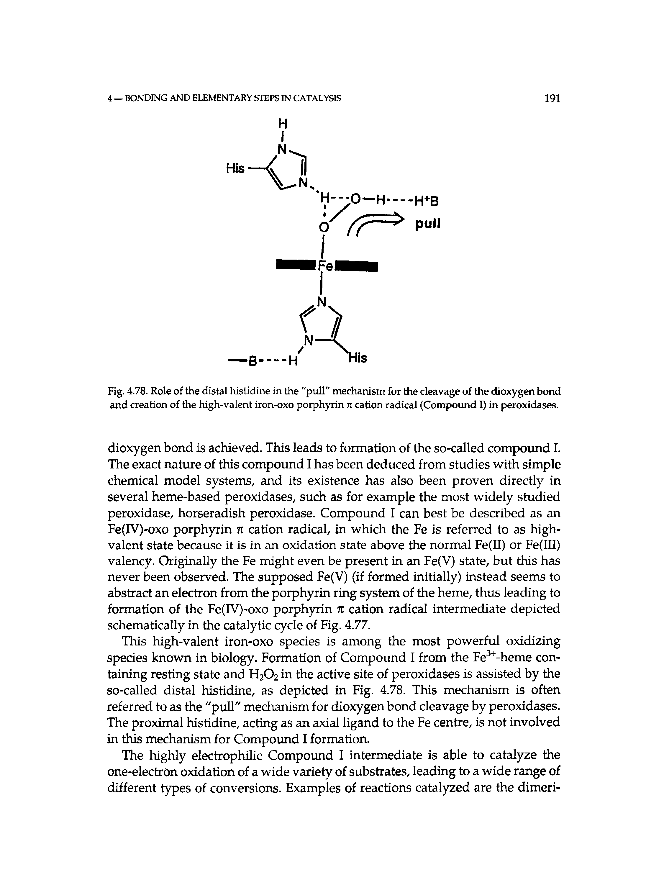Fig. 4.78. Role of the distal histidine in the "pull" mechanism for the cleavage of the dioxygen bond and creation of the high-valent iron-oxo porphyrin it cation radical (Compound I) in peroxidases.