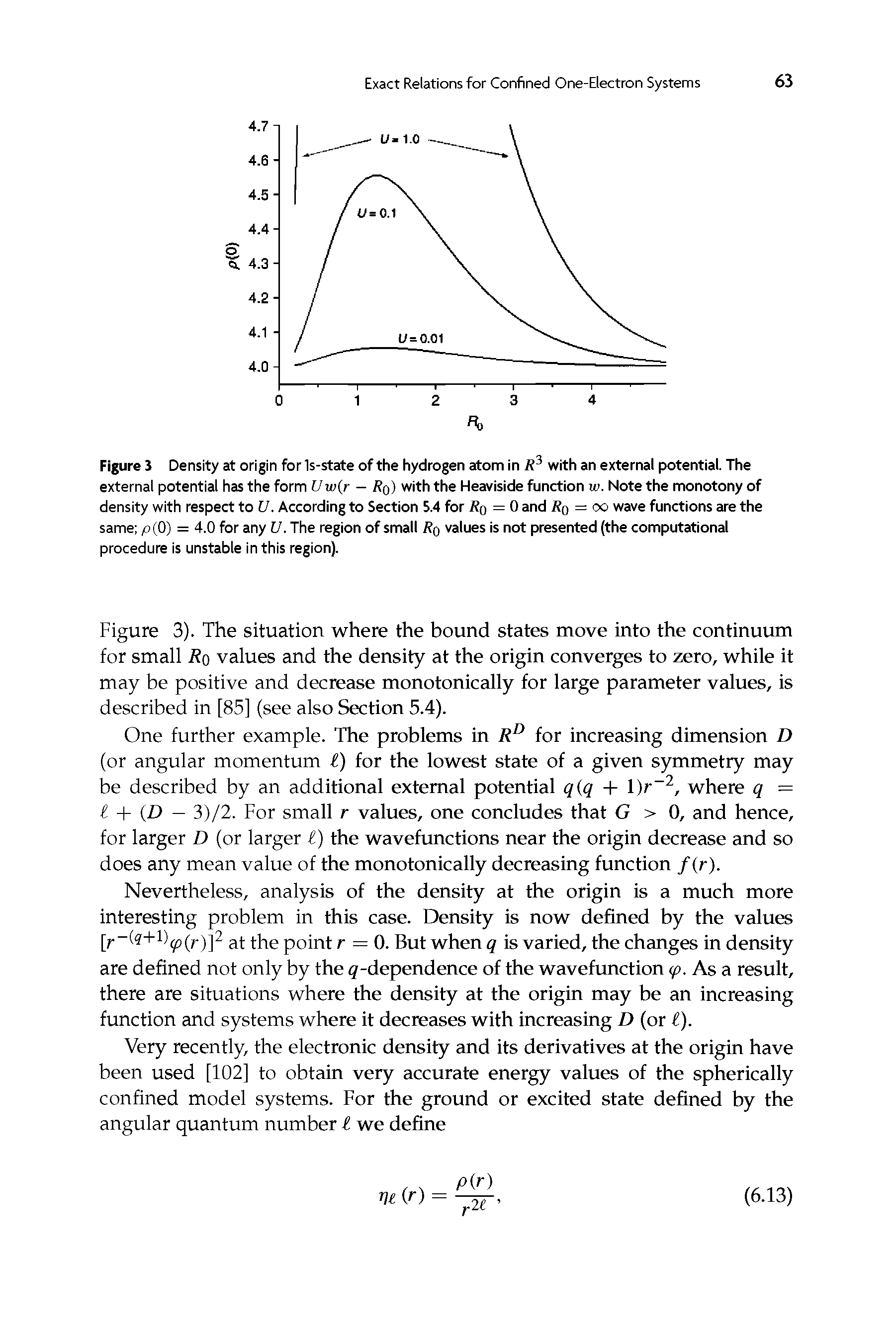 Figure J Density at origin for Is-state of the hydrogen atom in R3 with an external potential. The external potential has the form U w r — Rq) with the Heaviside function w. Note the monotony of density with respect to U. According to Section 5.4 for Ro =0 and Rq = oo wave functions are the same p(0) = 4.0 for any U. The region of small Rq values is not presented (the computational procedure is unstable in this region).