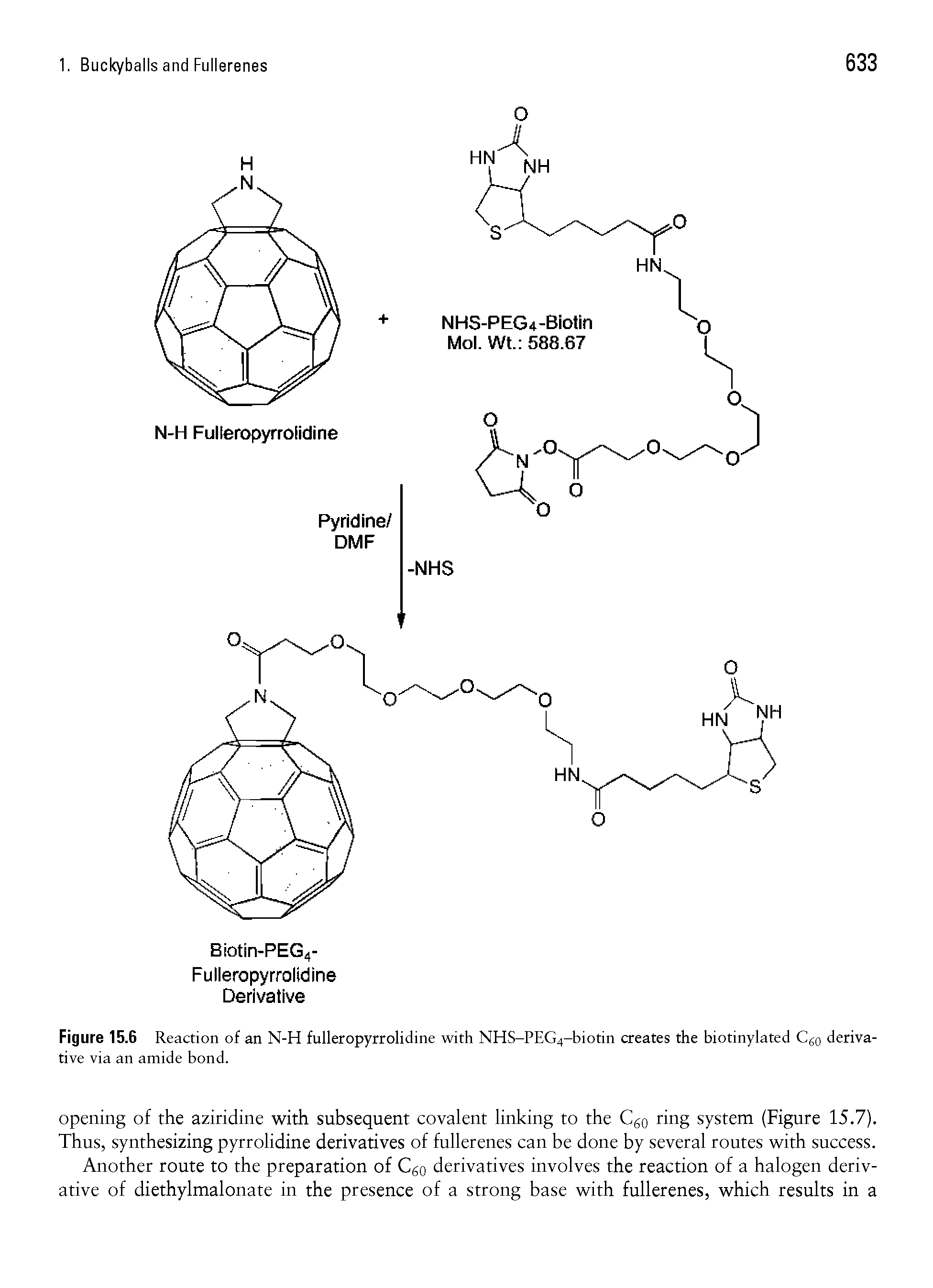 Figure 15.6 Reaction of an N-H fulleropyrrolidine with NHS-PEG4-biotin creates the biotinylated C60 derivative via an amide bond.