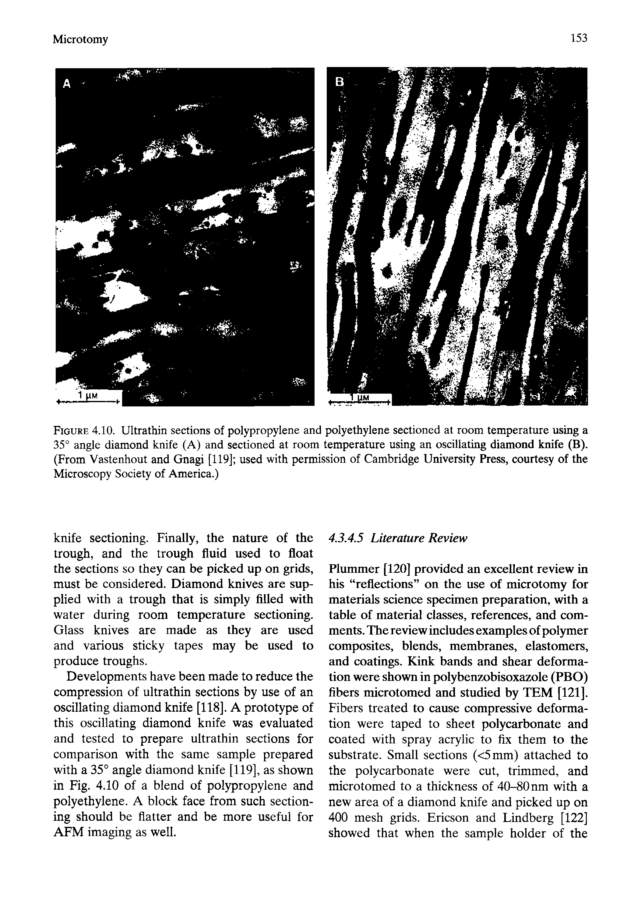 Figure 4.10. Ultrathin sections of polypropylene and polyethylene sectioned at room temperature using a 35° angle diamond knife (A) and sectioned at room temperature using an oscillating diamond knife (B). (From Vastenhout and Gnagi [119] used with permission of Cambridge University Press, courtesy of the Microscopy Society of America.)...