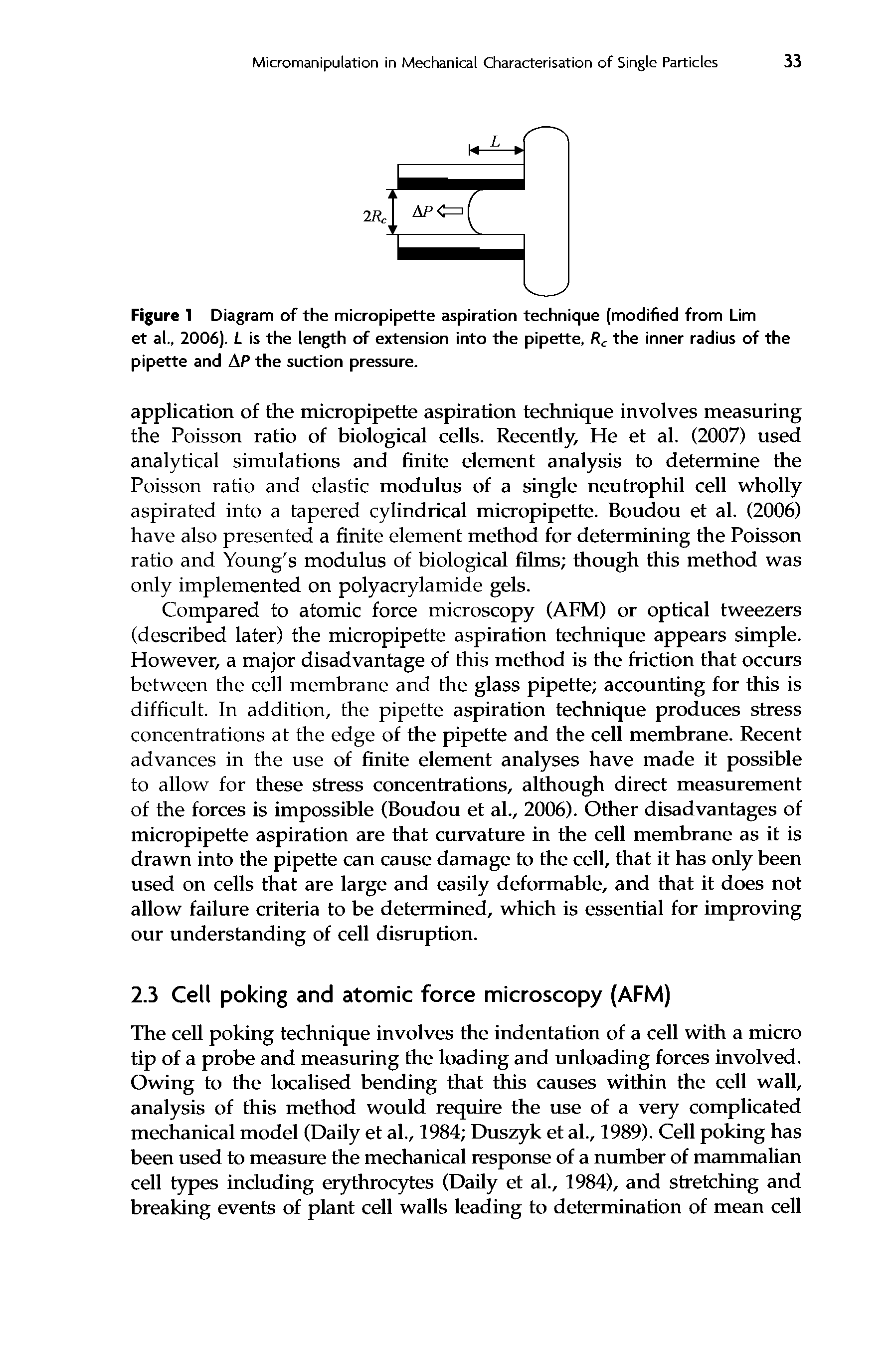 Figure 1 Diagram of the micropipette aspiration technique (modified from Lim et al., 2006). L is the length of extension into the pipette, Rc the inner radius of the pipette and AP the suction pressure.