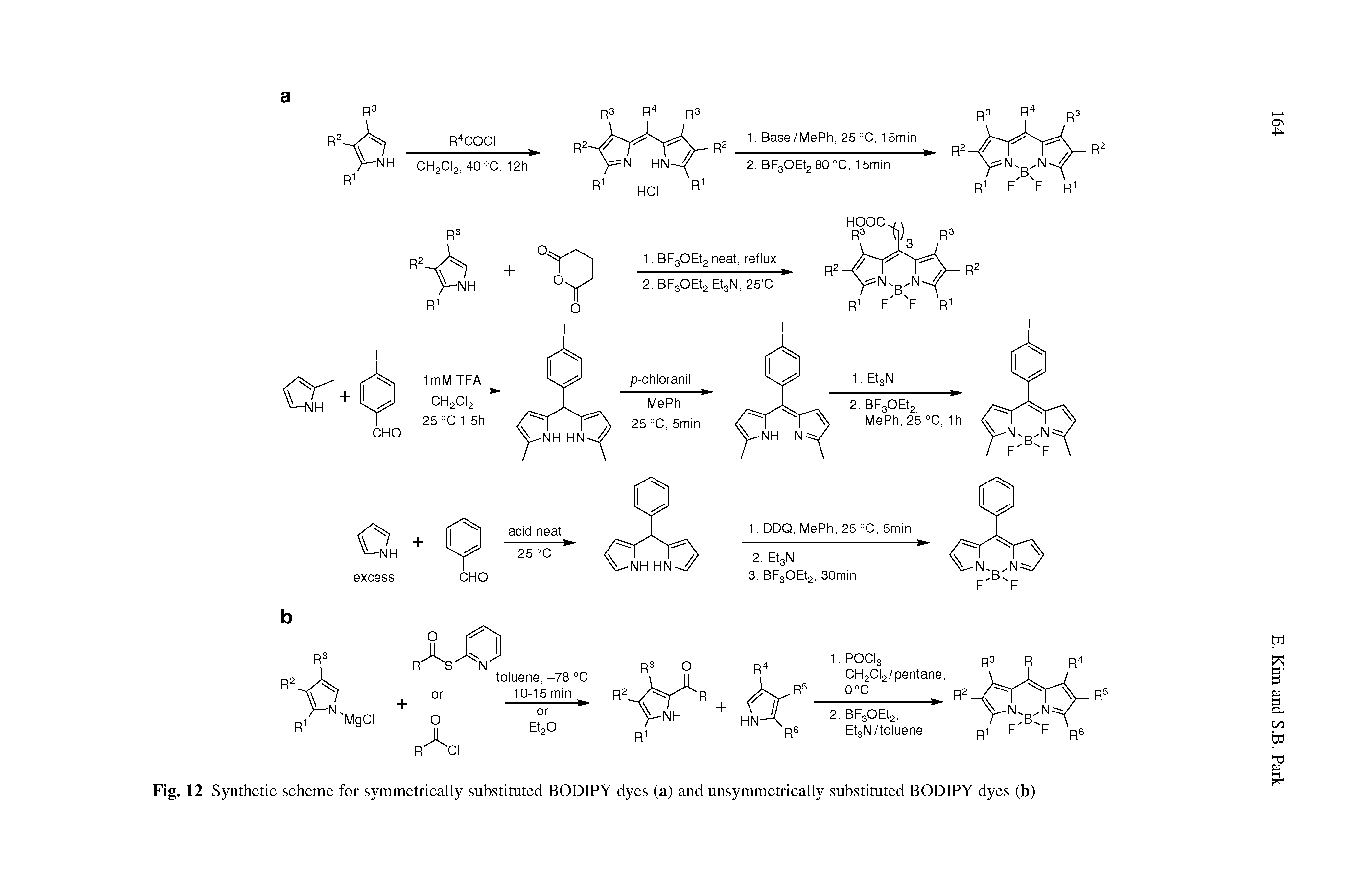 Fig. 12 Synthetic scheme for symmetrically substituted BODIPY dyes (a) and unsymmetrically substituted BODIPY dyes (b)...
