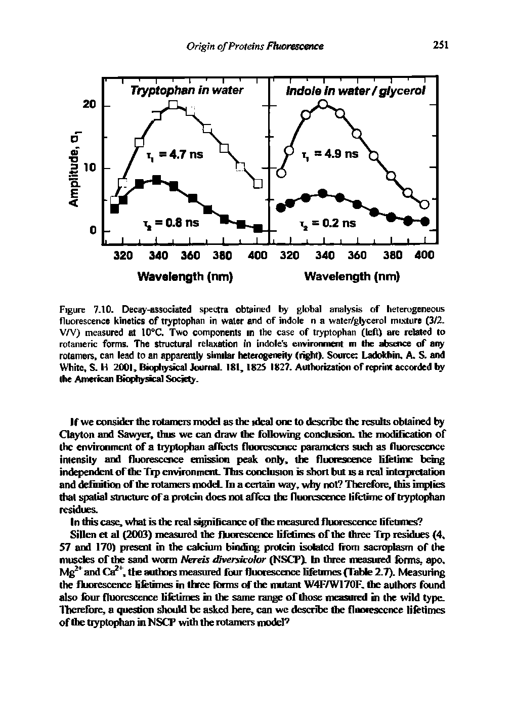Figure 7.10. Decay-associated spectra obtained global analysis of heterogeneous fluorescence kinetics of tryptophan in water and of indole n a water/glycerol mixture (3/2. V/V) measured at lO C. Two components in the case of tryptophan (lelt) are related to rotanieric forms. The structural relaxation in indole s environment m tfie abseiKe of any rolamers, can lead to an apparently similar heterogeneHy (r ht). Source LadoMiiru A. S. and White, S. H 2001, Biopl sical Journal. 181,1825 1827. Authorization of reprint accorded the American Biophysica] Sooe. ...