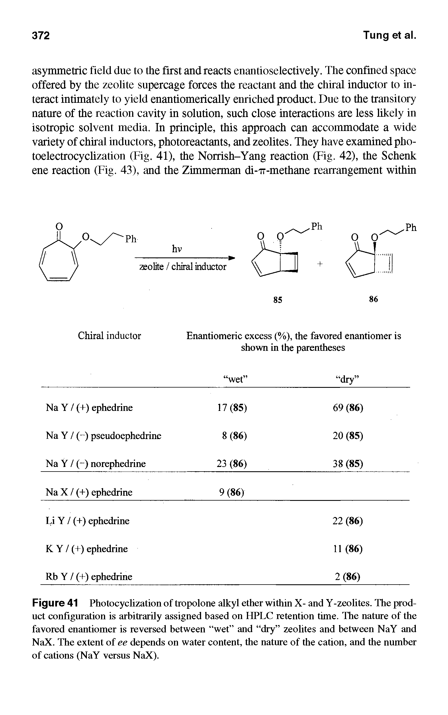 Figure 41 Photocyclization of tropolone alkyl ether within X- and Y-zeolites. The product configuration is arbitrarily assigned based on HPLC retention time. The nature of the favored enantiomer is reversed between wet and dry zeolites and between NaY and NaX. The extent of ee depends on water content, the nature of the cation, and the number of cations (NaY versus NaX).