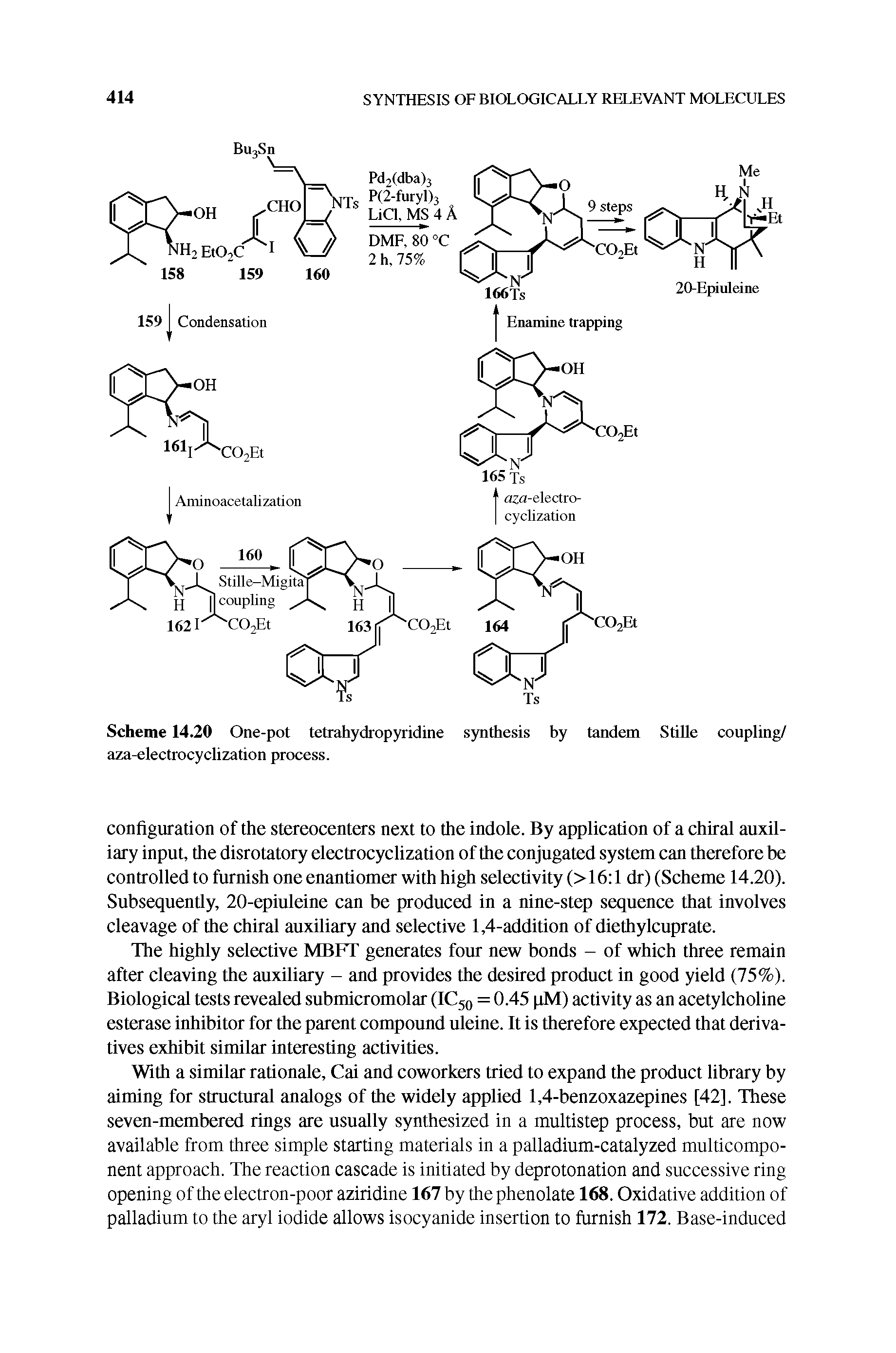 Scheme 14.20 One-pot tetrahydropyridine synthesis by tandem Stille coupling/ aza-electrocyclization process.