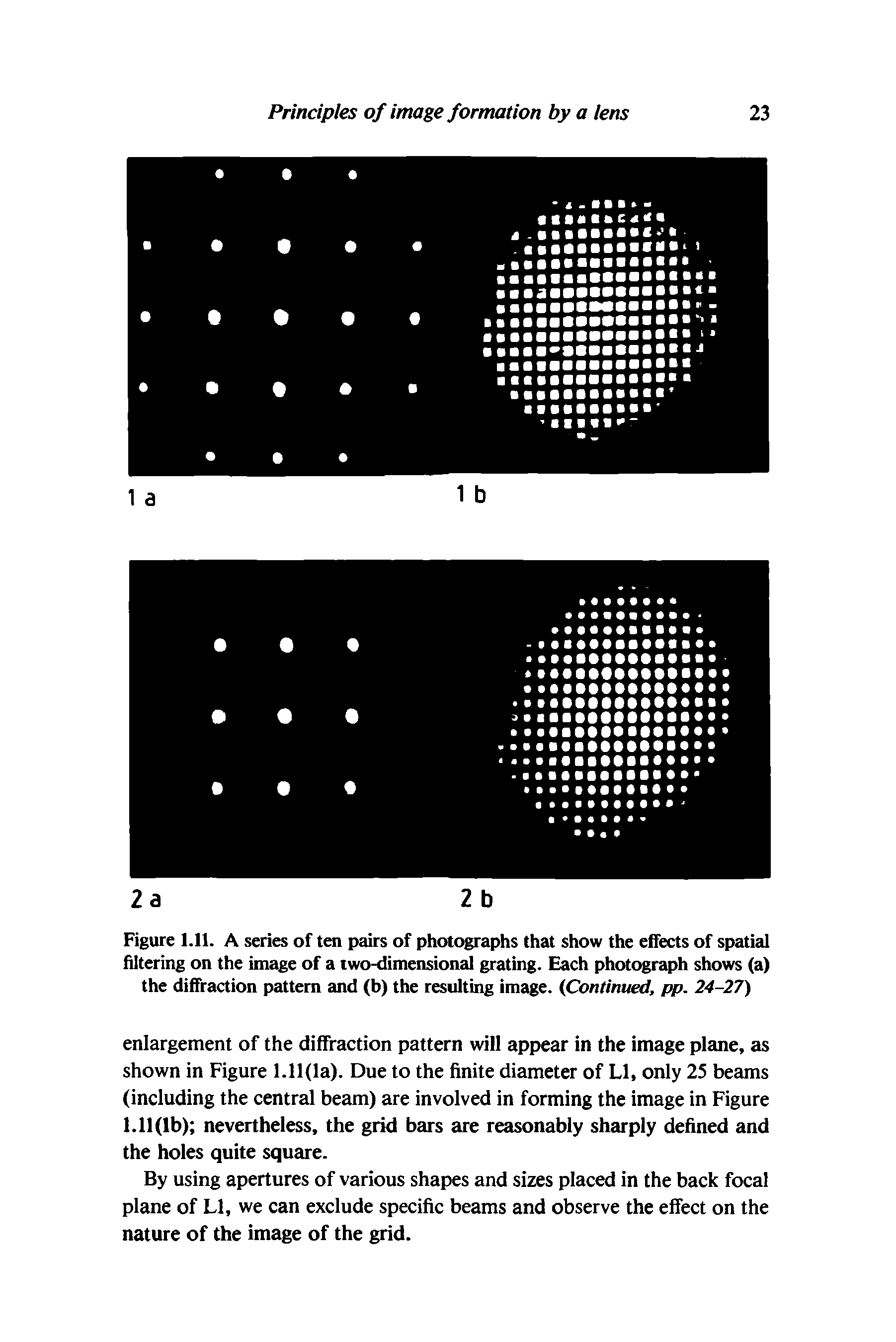 Figure 1.11. A series of ten pmrs of photographs that show the effects of spatial filtering on the image of a two-dimensional grating. Each photograph shows (a) the diffraction pattern and (b) the resulting image. (Continued, pp. 24-27)...