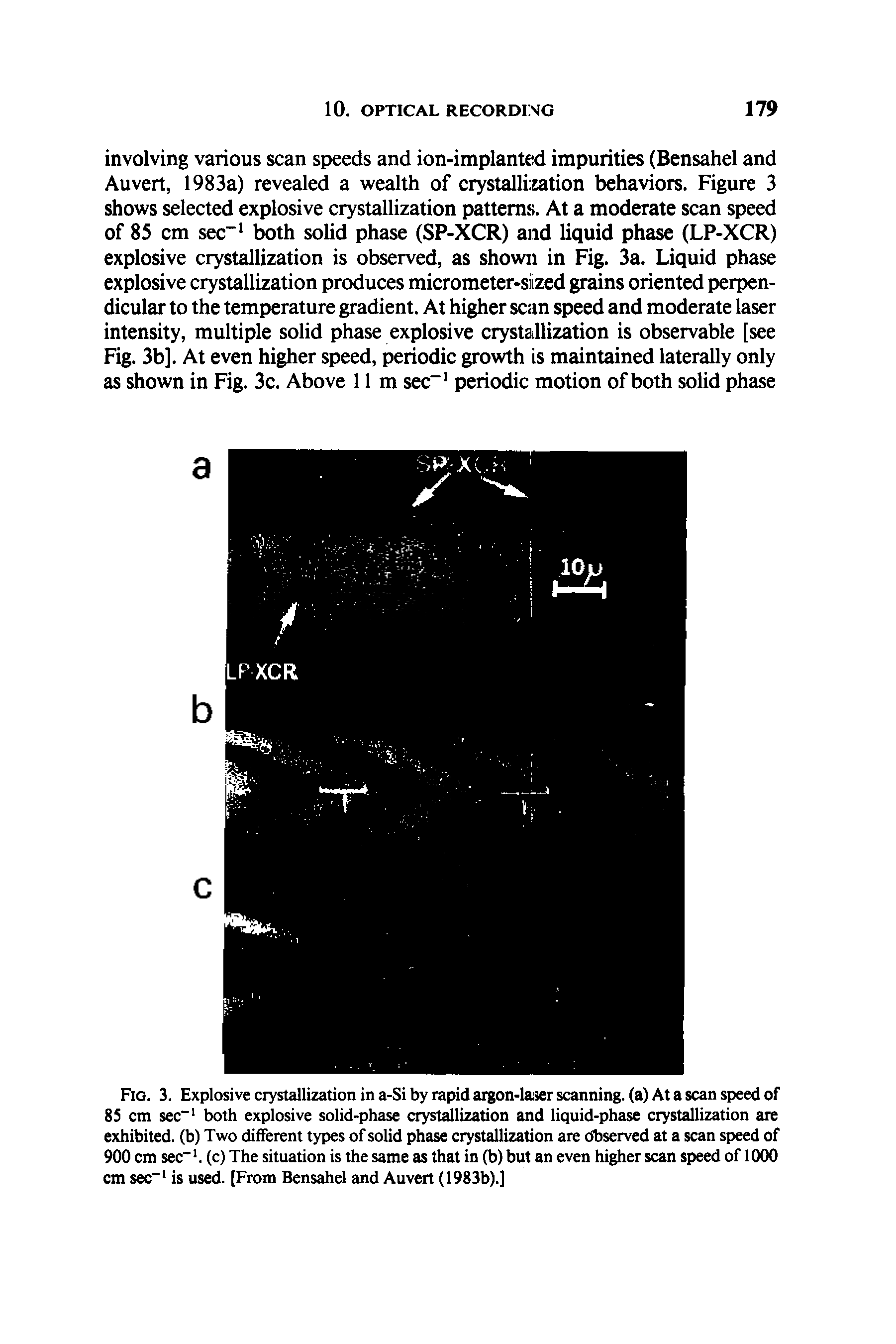 Fig. 3. Explosive crystallization in a-Si by rapid argon-laser scanning, (a) At a scan speed of 85 cm sec-1 both explosive solid-phase crystallization and liquid-phase crystallization are exhibited, (b) Two different types of solid phase crystallization are Observed at a scan speed of 900 cm sec 1, (c) The situation is the same as that in (b) but an even higher scan speed of 1000 cm sec 1 is used. [From Bensahel and Auvert (1983b).]...