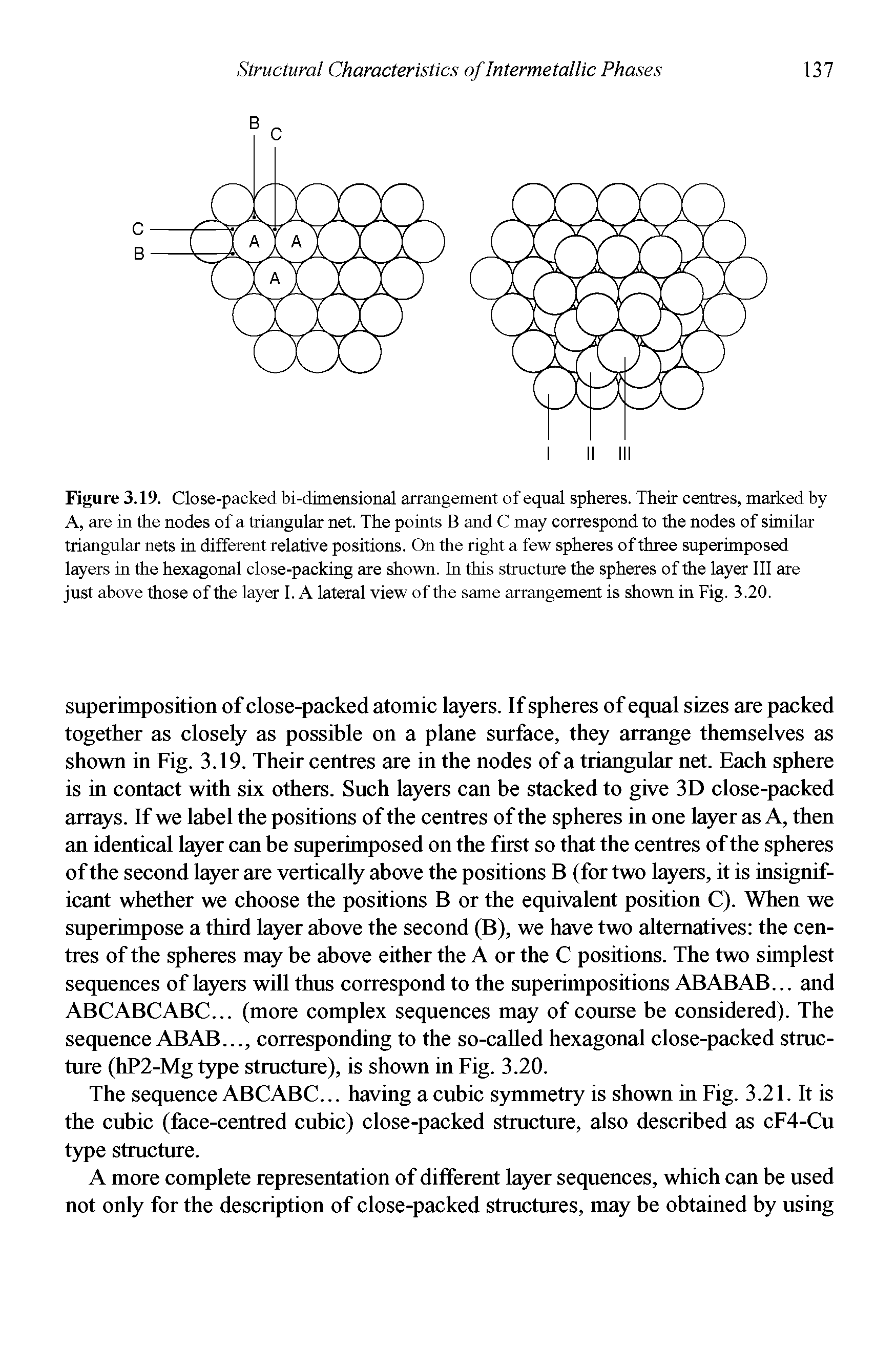 Figure 3.19. Close-packed bi-dimensional arrangement of equal spheres. Their centres, marked by A, are in the nodes of a triangular net. The points B and C may correspond to the nodes of similar triangular nets in different relative positions. On the right a few spheres of three superimposed layers in the hexagonal close-packing are shown. In this structure the spheres of the layer III are just above those of the layer I. A lateral view of the same arrangement is shown in Fig. 3.20.