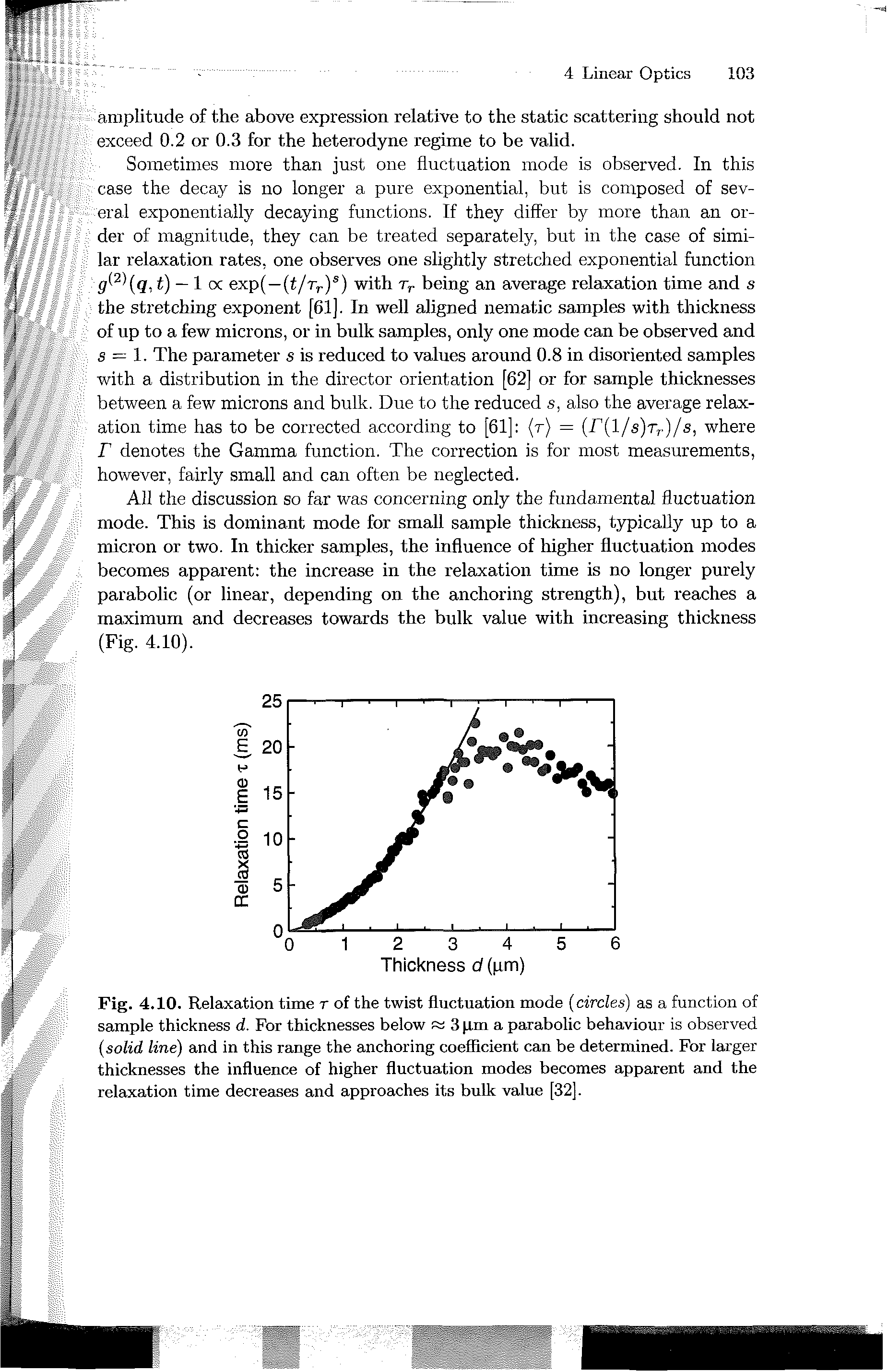 Fig. 4.10. Relaxation time t of the twist fluctuation mode circles) as a function of sample thickness d. For thicknesses below 3 (im a parabolic behaviour is observed solid line) and in this range the anchoring coefficient can be determined. For larger thicknesses the influence of higher fluctuation modes becomes apparent and the relaxation time decreases and approaches its bulk value [32].