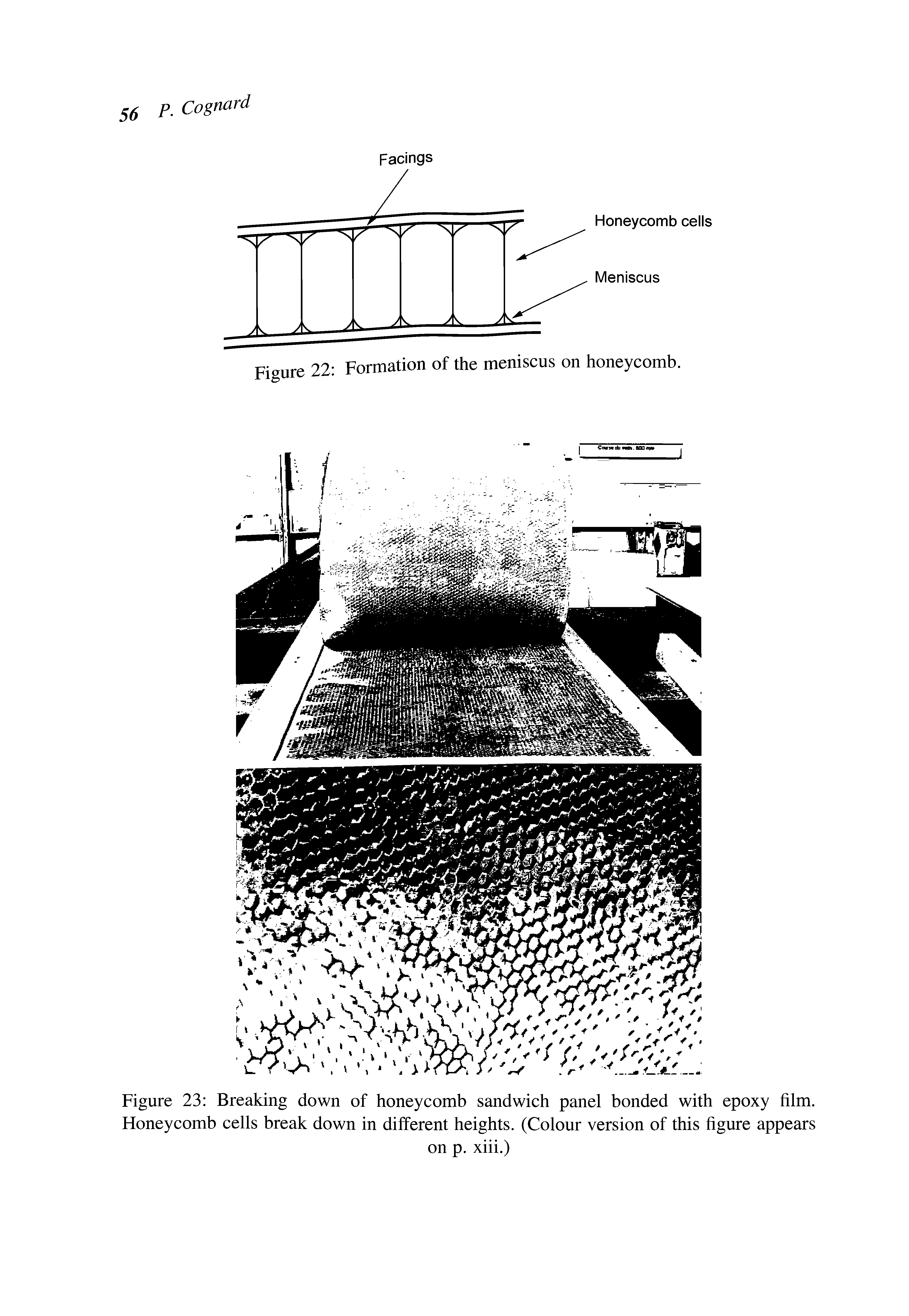 Figure 23 Breaking down of honeycomb sandwich panel bonded with epoxy film. Honeycomb cells break down in different heights. (Colour version of this figure appears...