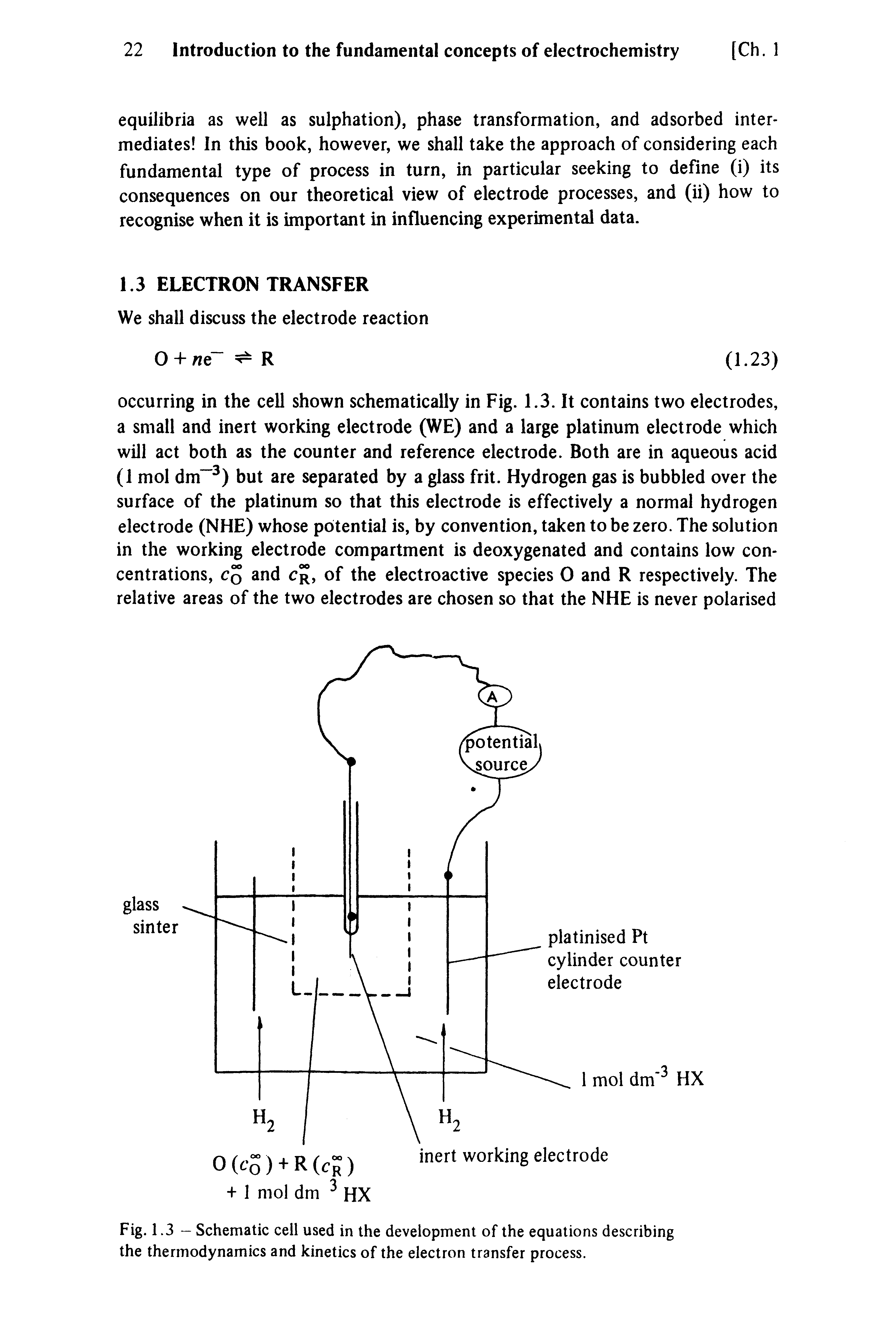 Fig. 1.3 — Schematic cell used in the development of the equations describing the thermodynamics and kinetics of the electron transfer process.