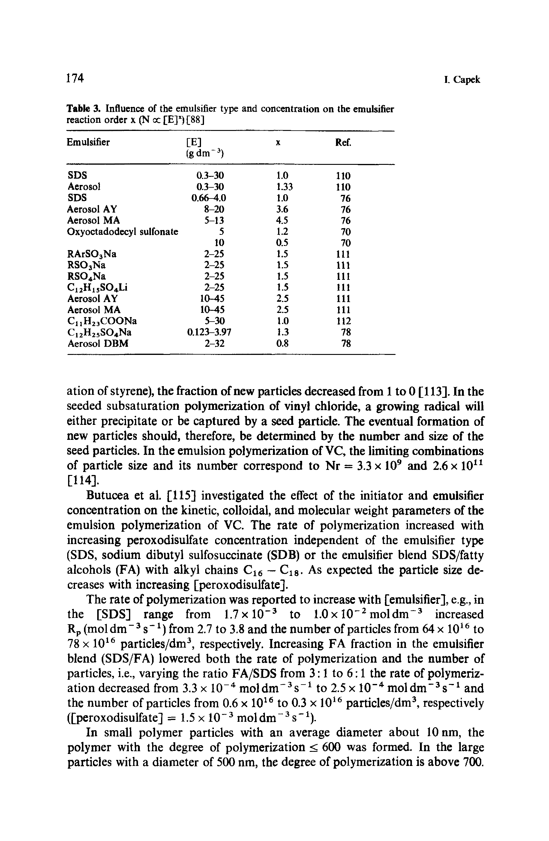 Table 3. Influence of the emulsifier type and concentration on the emulsifier reaction order x (N cx [E] ) [88]...