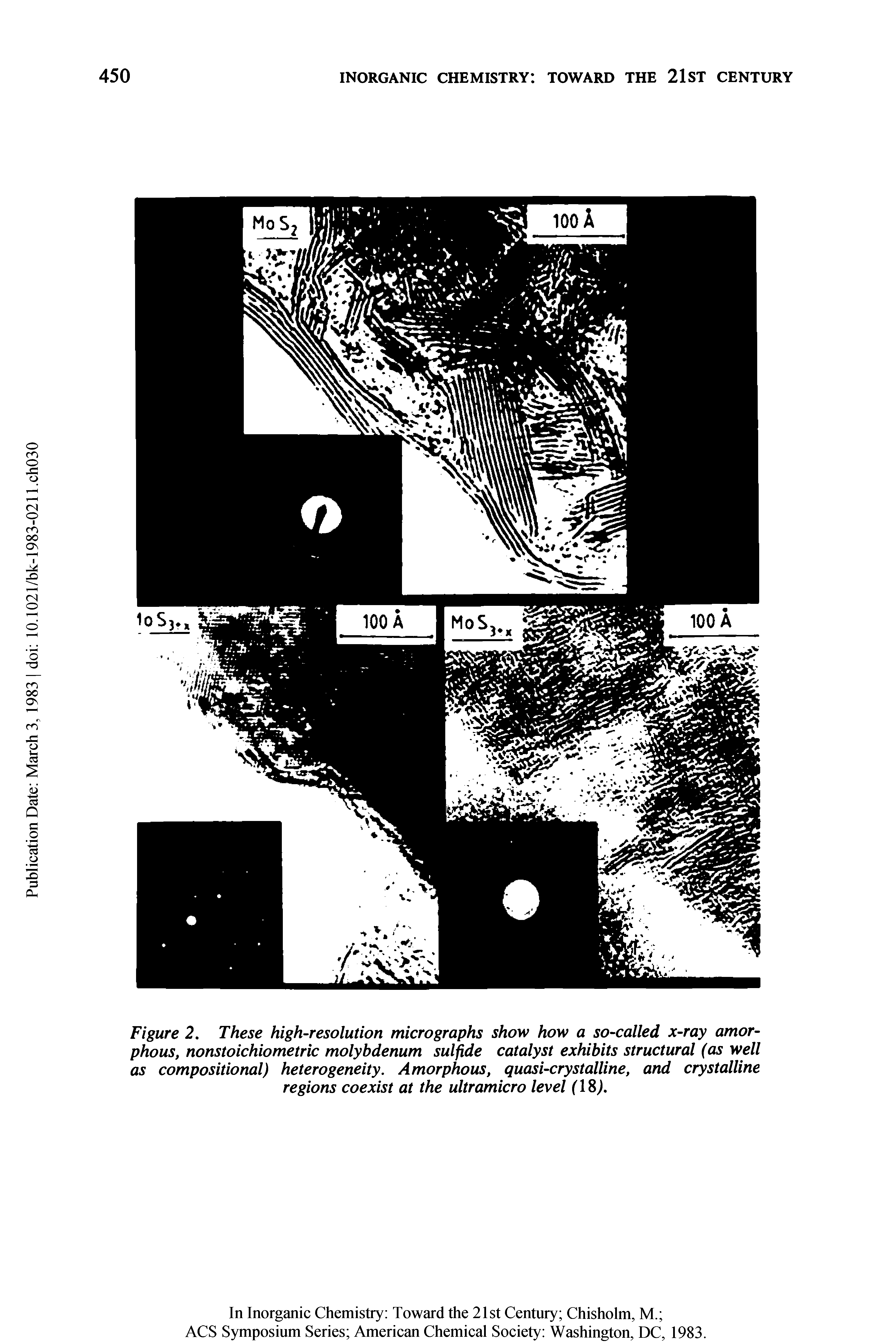 Figure 2. These high-resolution micrographs show how a so-called x-ray amorphous, nonstoichiometric molybdenum sulfide catalyst exhibits structural (as well as compositional) heterogeneity. Amorphous, quasi-crystalline, and crystalline regions coexist at the ultramicro level (18,).