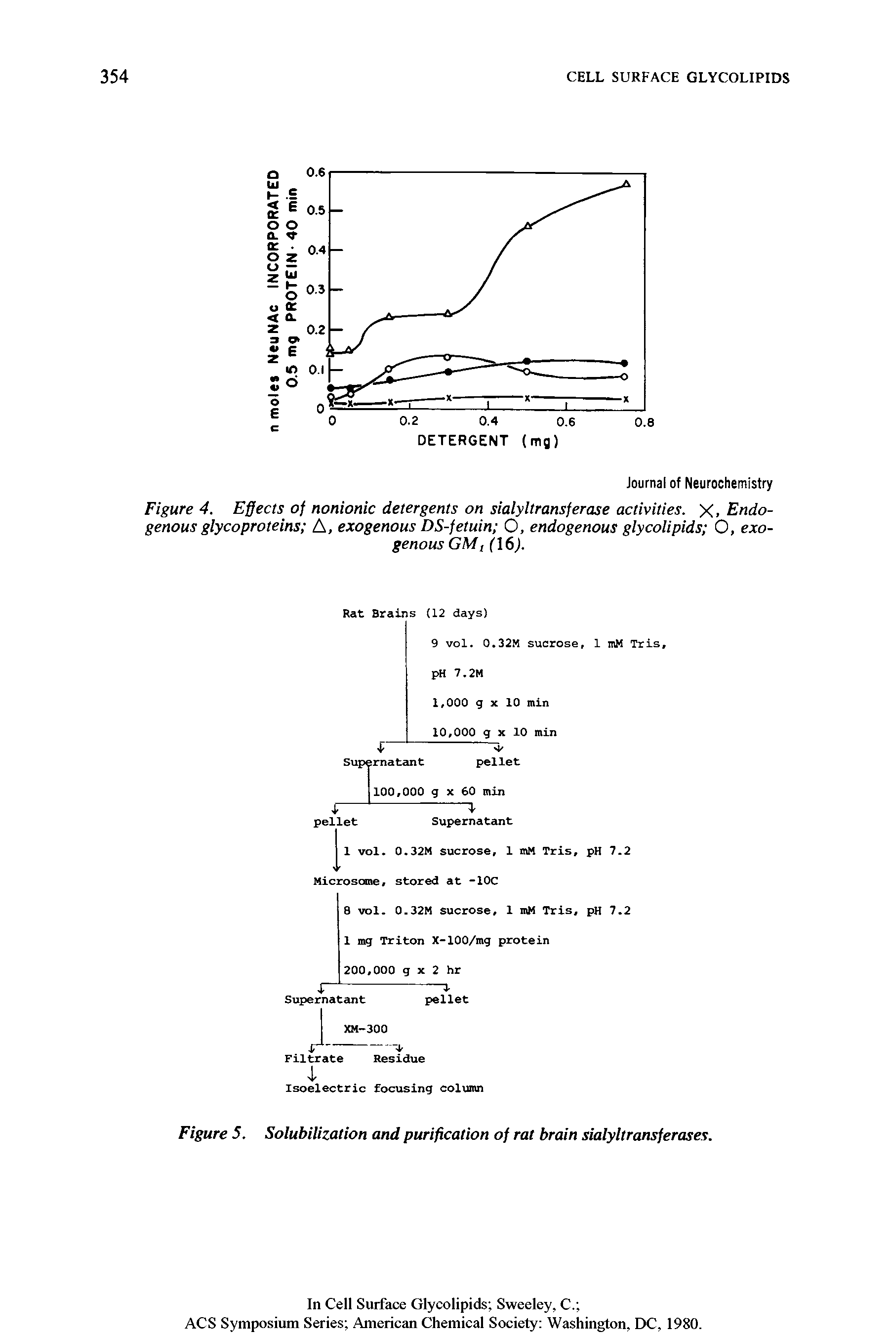 Figure 4. Effects of nonionic detergents on sialyltransferase activities. X. Endogenous glycoproteins A, exogenous DS-fetuin O, endogenous glycolipids O, exogenous GM, (16).