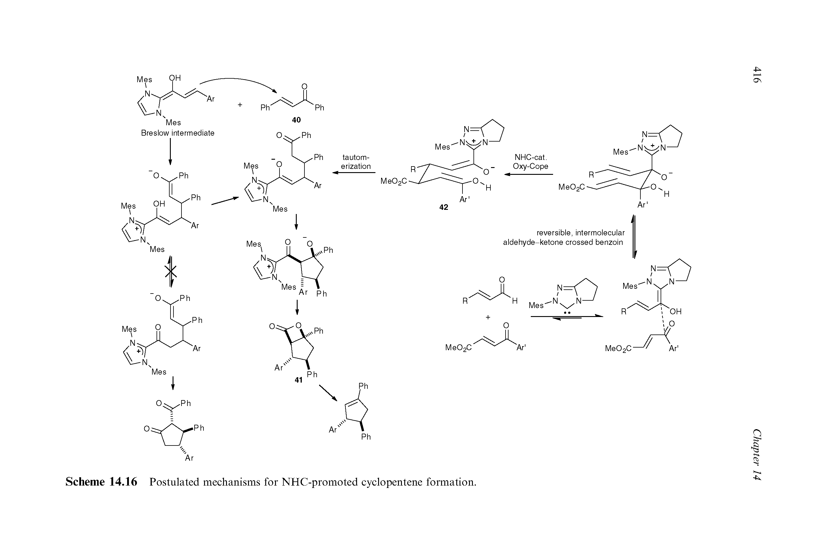 Scheme 14.16 Postulated mechanisms for NHC-promoted cyclopentene formation.