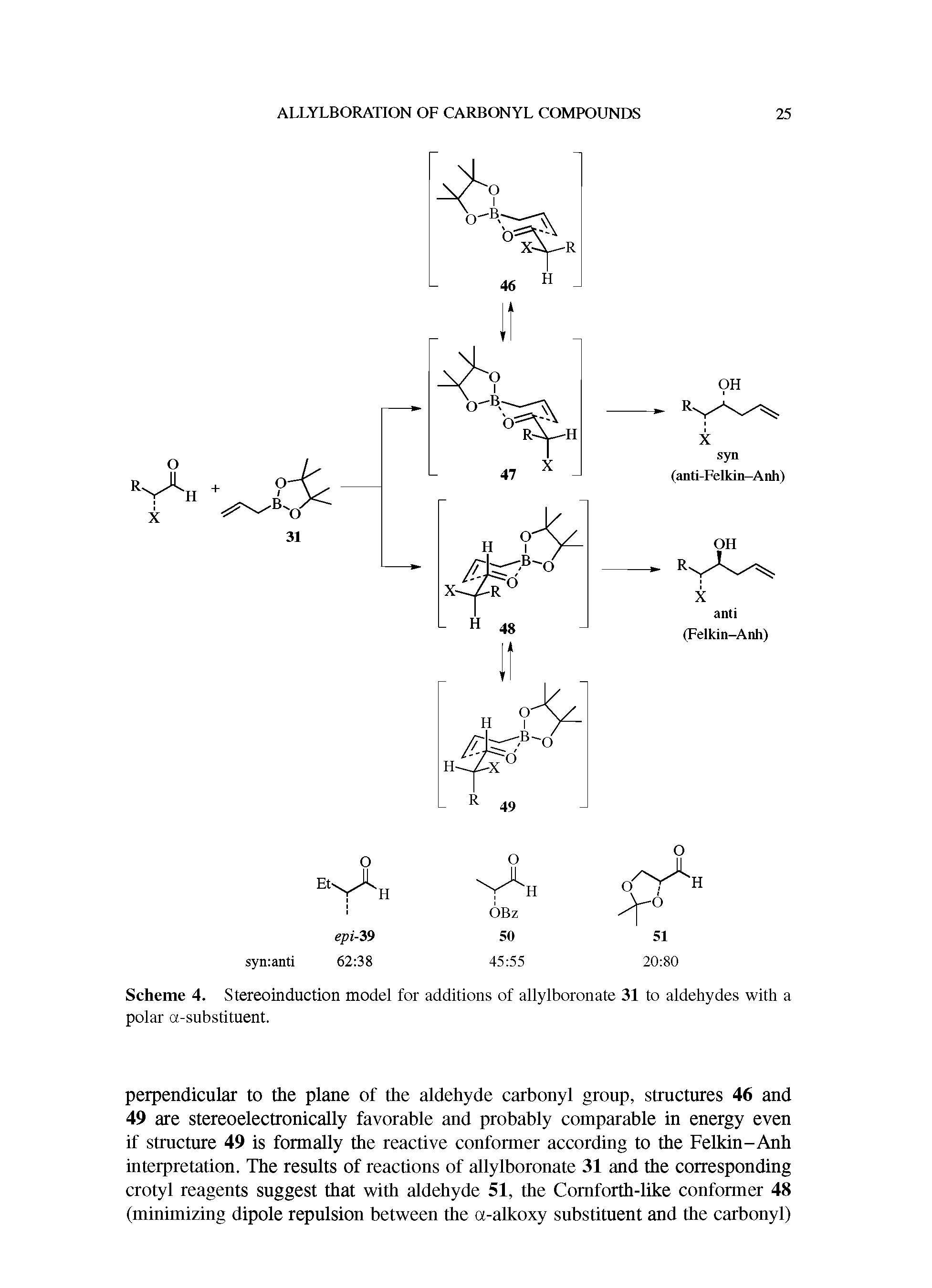 Scheme 4. Stereoinduction model for additions of allylboronate 31 to aldehydes with a polar a-substituent.