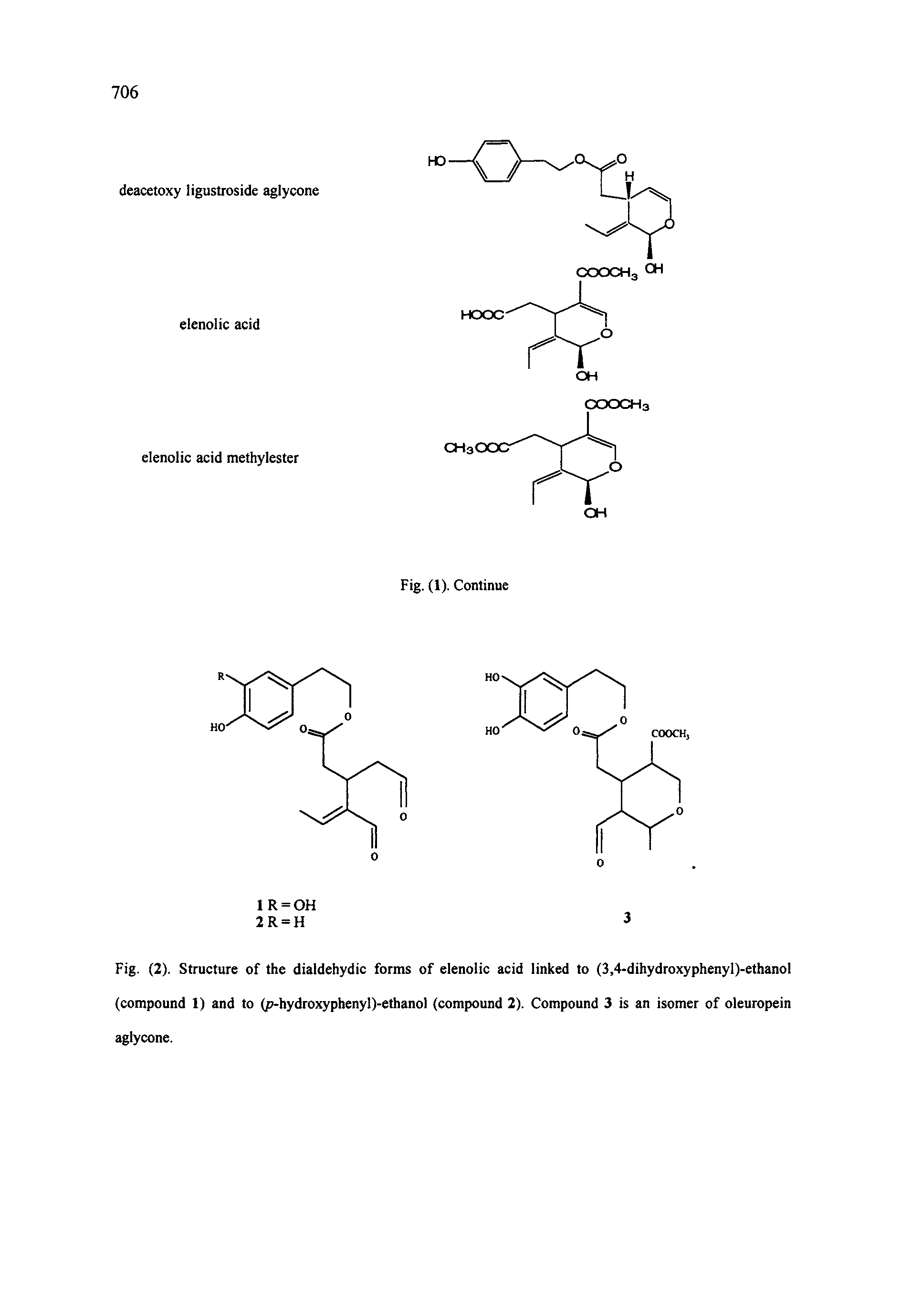Fig. (2). Structure of the dialdehydic forms of elenolic acid linked to (3,4-dihydroxyphenyl)-ethanol (compound 1) and to (p-hydroxyphenyl)-ethanol (compound 2). Compound 3 is an isomer of oleuropein aglycone.