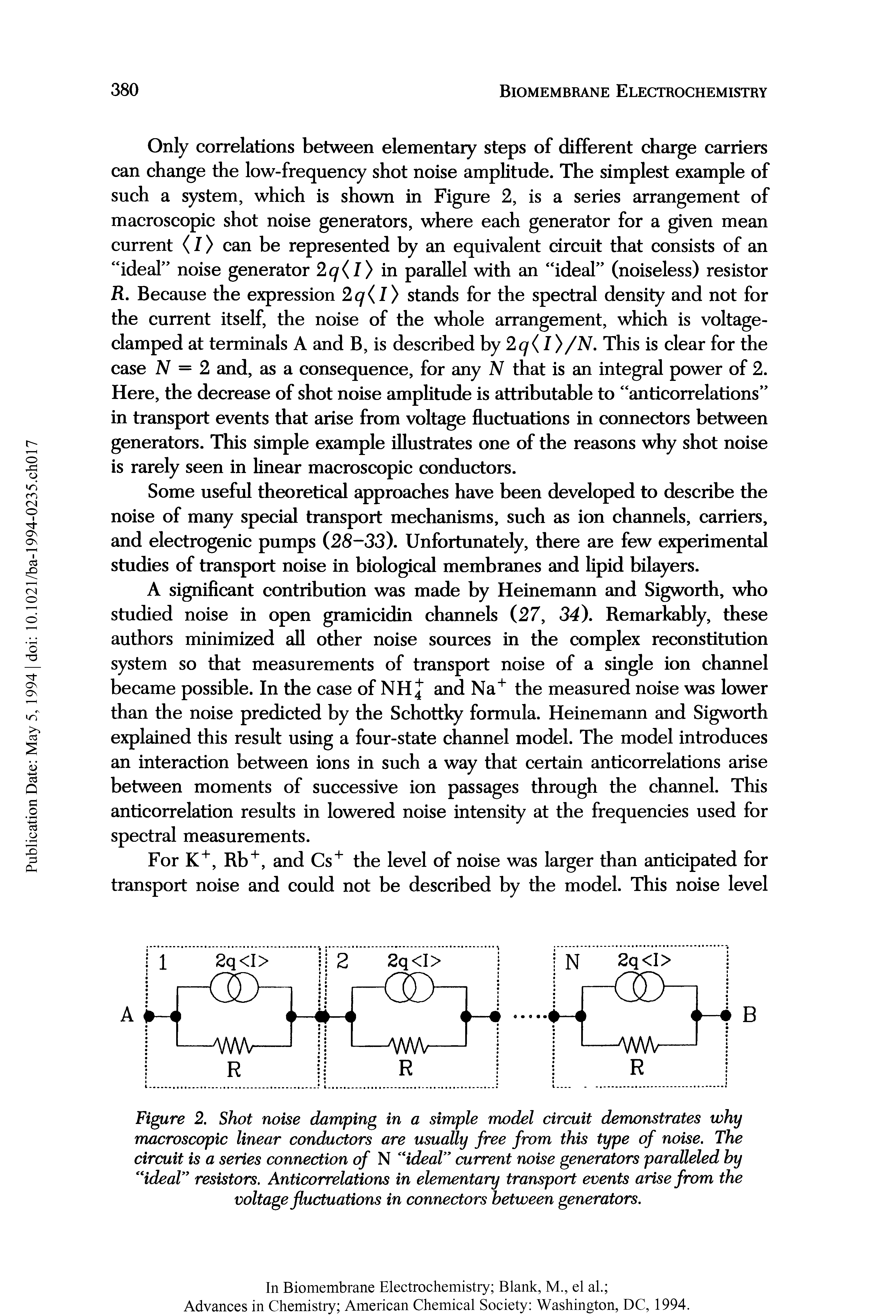 Figure 2. Shot noise damping in a simple model circuit demonstrates why macroscopic linear conductors are usually free from this type of noise. The circuit is a series connection of N ideal current noise generators paralleled by ideal resistors. Anticorrelations in elementary transport events arise from the voltage fluctuations in connectors between generators.