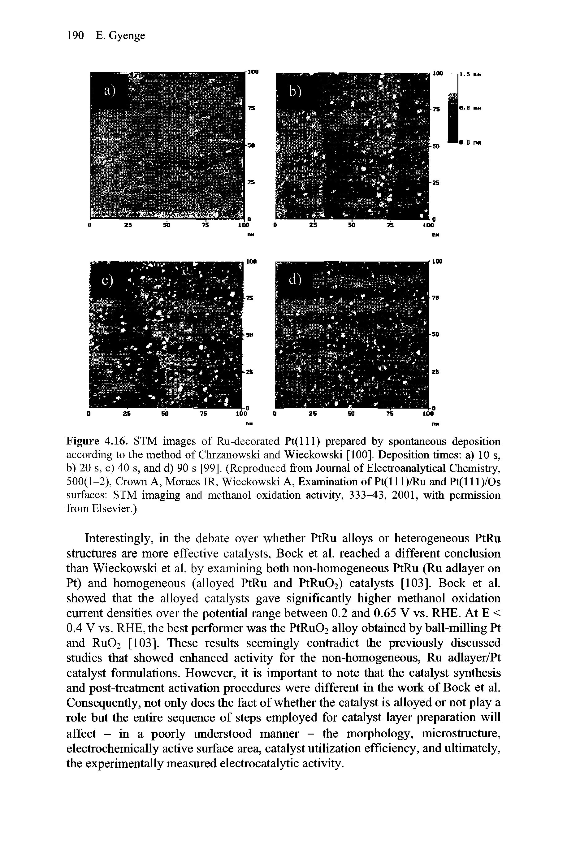 Figure 4.16. STM images of Ru-decorated Pt(lll) prepared by spontaneous deposition according to the method of Chrzanowski and Wieckowski [100]. Deposition times a) 10 s, b) 20 s, c) 40 s, and d) 90 s [99]. (Reproduced from Journal of Electroanalytical Chemistry, 500(1-2), Crown A, Moraes IR, Wieckowski A, Examination of Pt(l 11)/Ru and Pt(l 1 l)/Os surfaces STM imaging and methanol oxidation activity, 333 3, 2001, with permission from Elsevier.)...
