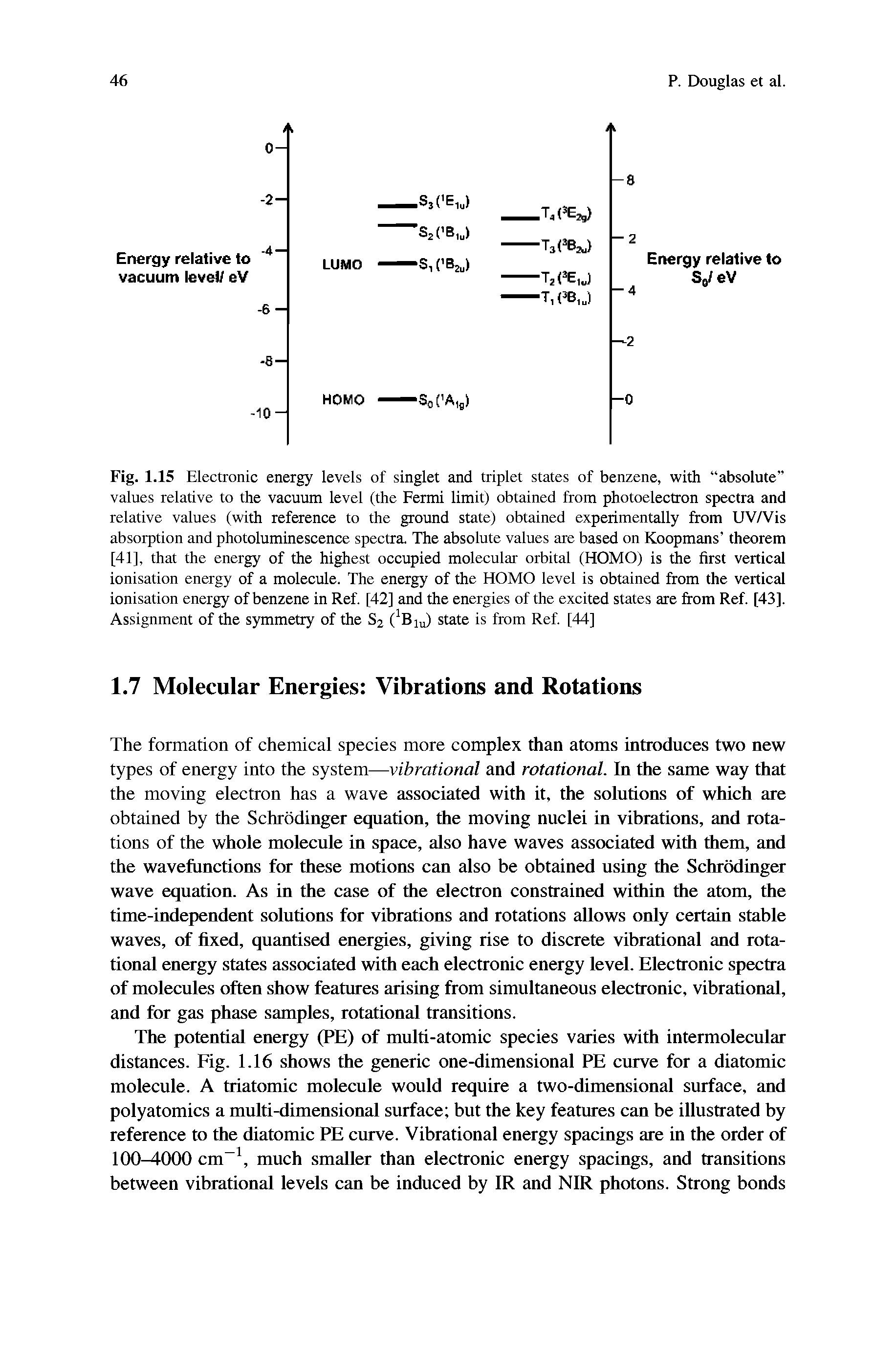 Fig. 1.15 Electronic energy levels of singlet and triplet states of benzene, with absolute values relative to the vacuum level (the Fermi limit) obtained from photoelectron spectra and relative values (with reference to the ground state) obtained experimentally from UV/Vis absorption and photoluminescence spectra. The absolute values are based on Koopmans theorem [41], that the energy of the highest occupied molecular orbital (HOMO) is the first vertical ionisation energy of a molecule. The energy of the HOMO level is obtained from the vertical ionisation energy of benzene in Ref. [42] and the energies of the excited states are fl om Ref. [43]. Assignment of the symmetry of the S2 ( Bju) state is from Ref. [44]...