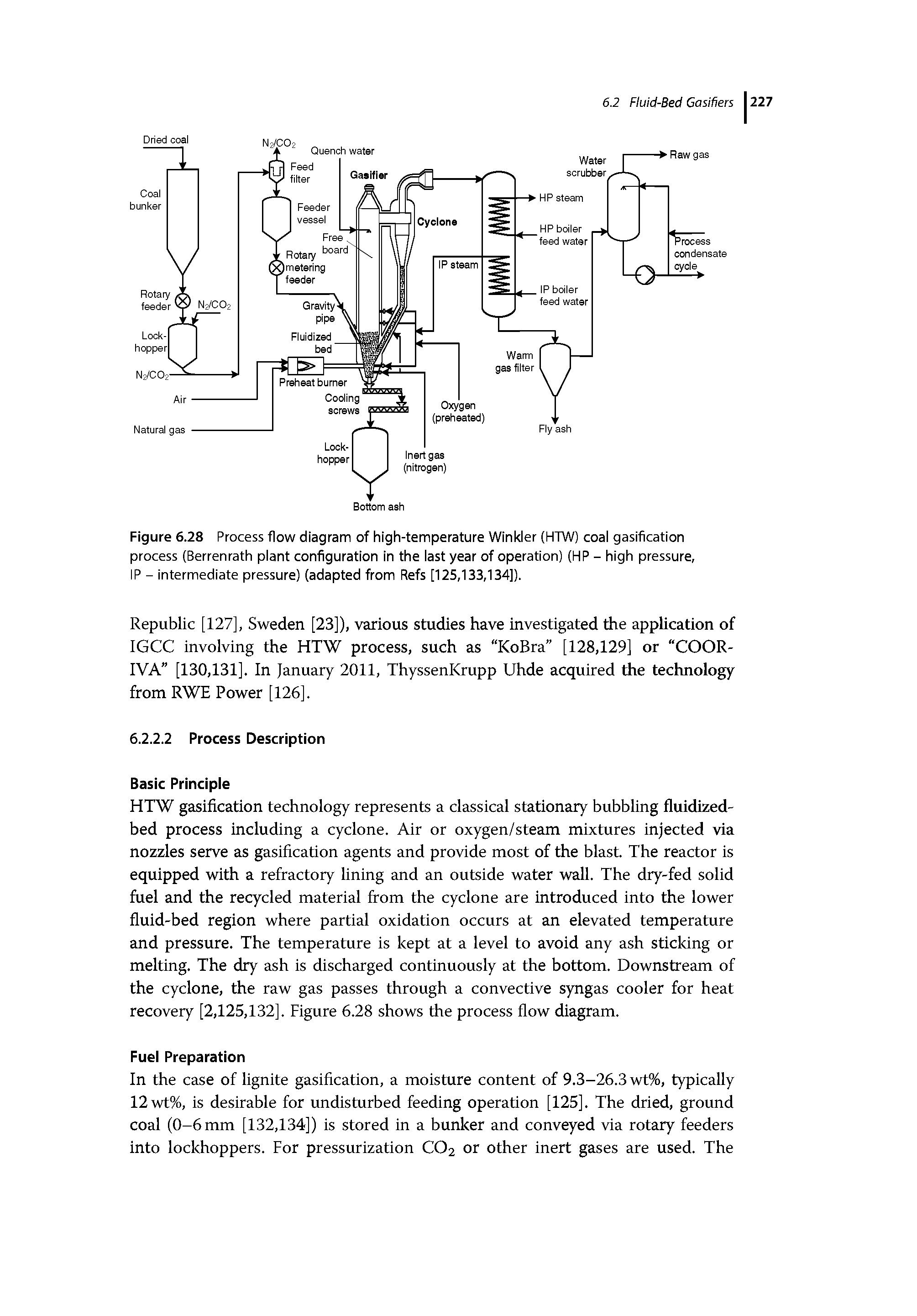 Figure 6.28 Process flow diagram of high-temperature Winkler (HTW) coal gasification process (Berrenrath plant configuration in the last year of operation) (HP - high pressure,...