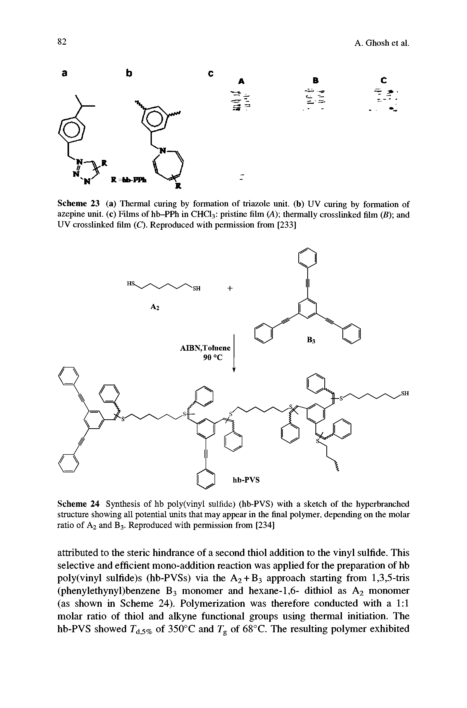 Scheme 24 Synthesis of hb poly(vinyl sulfide) (hb-PVS) with a sketch of the hyperbranched structure showing all potential units that may appear in the final polymer, depending on the molar ratio of A2 and B3. Reproduced with permission from [234]...