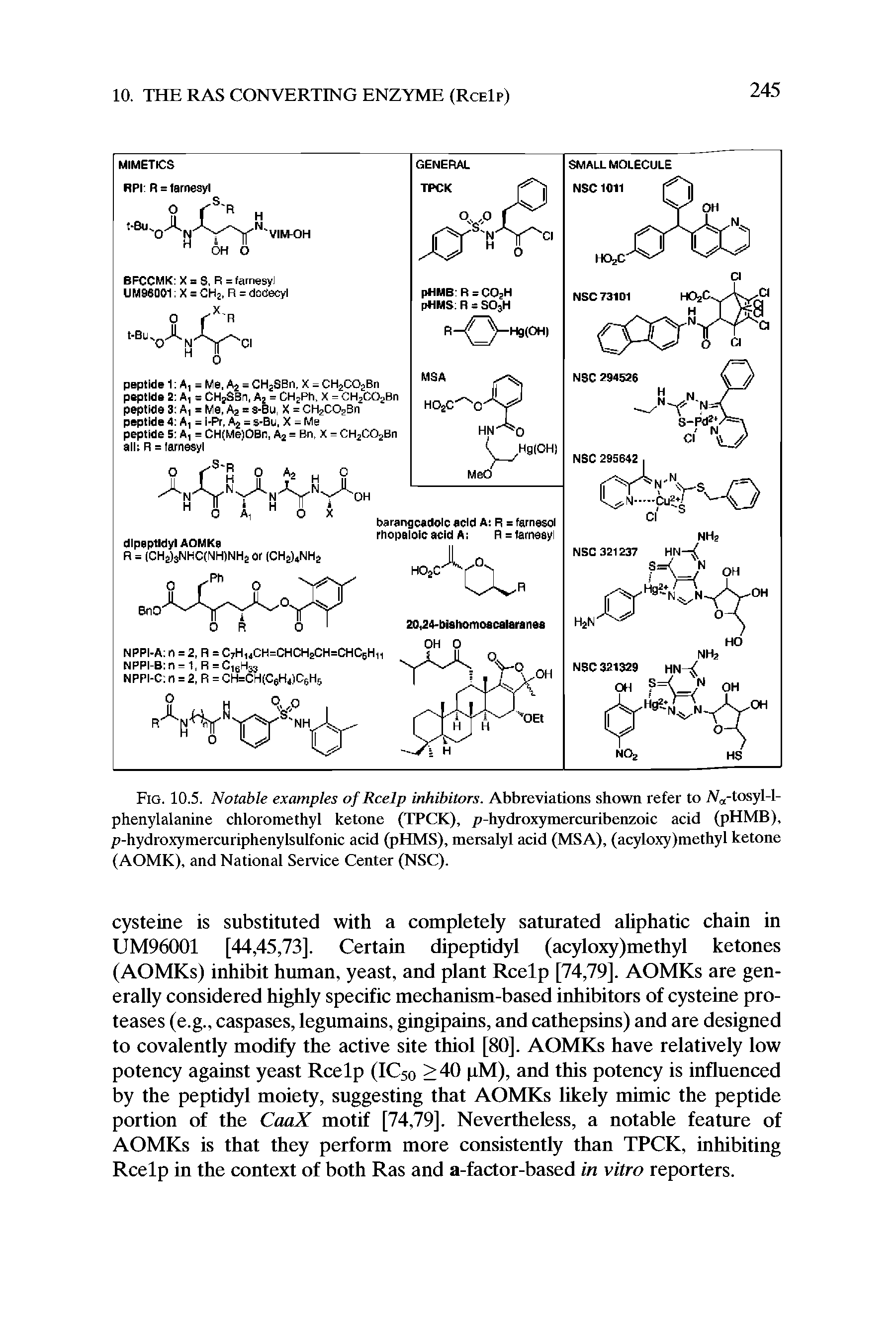 Fig. 10.5. Notable examples of Rcelp inhibitors. Abbreviations shown refer to At,-tosyl-l-phenylalanine chloromethyl ketone (TPCK), p-hydroxymercnribenzoic acid (pHMB), p-hydroxymercuriphenylsulfonic acid (pHMS), mersalyl acid (MSA), (acyloxy)methyl ketone (AOMK), and National Service Center (NSC).