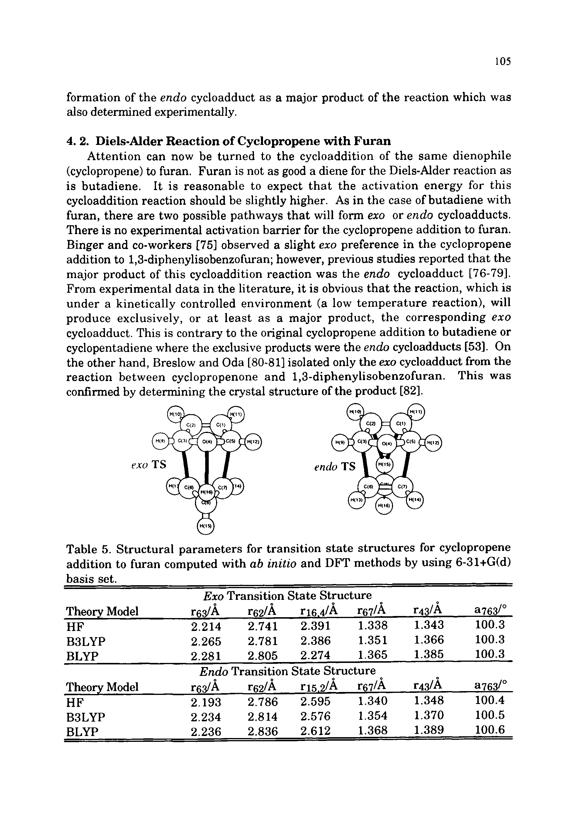 Table 5. Structural parameters for transition state structures for cyclopropene addition to furan computed with ab initio and DFT methods by using 6-31+G(d) basis set.